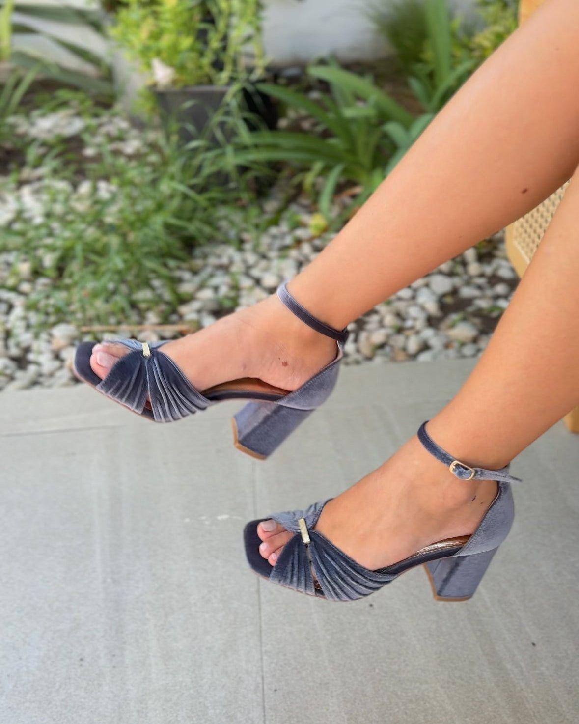 Zapato de Fiesta Terciopelo Palma Azul Piedra-0