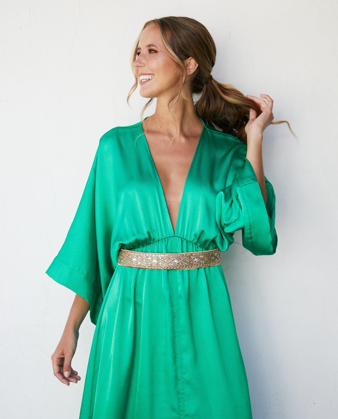 Vestido Largo de Fiesta Pola Satín Verde Claro-2
