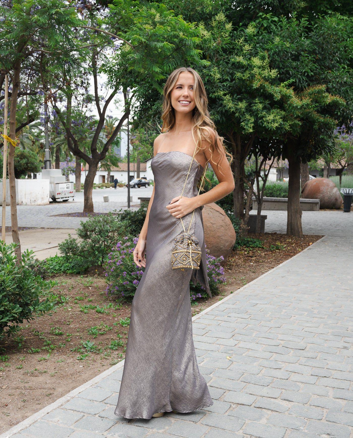 Vestido Largo de Fiesta Berni Plateado Metalizado-2