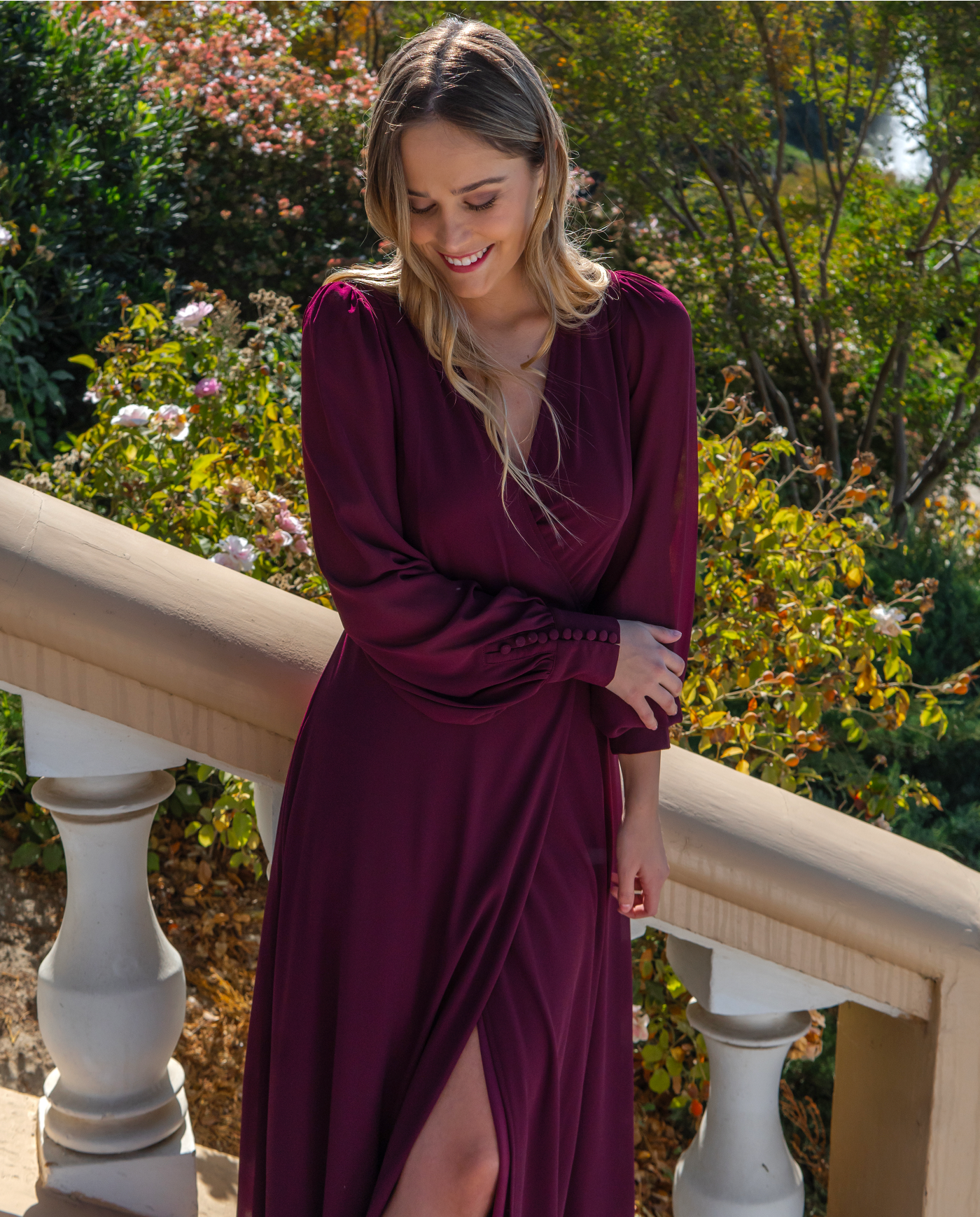 Vestido Largo De Fiesta Jacinta Manga Larga Burdeo-3