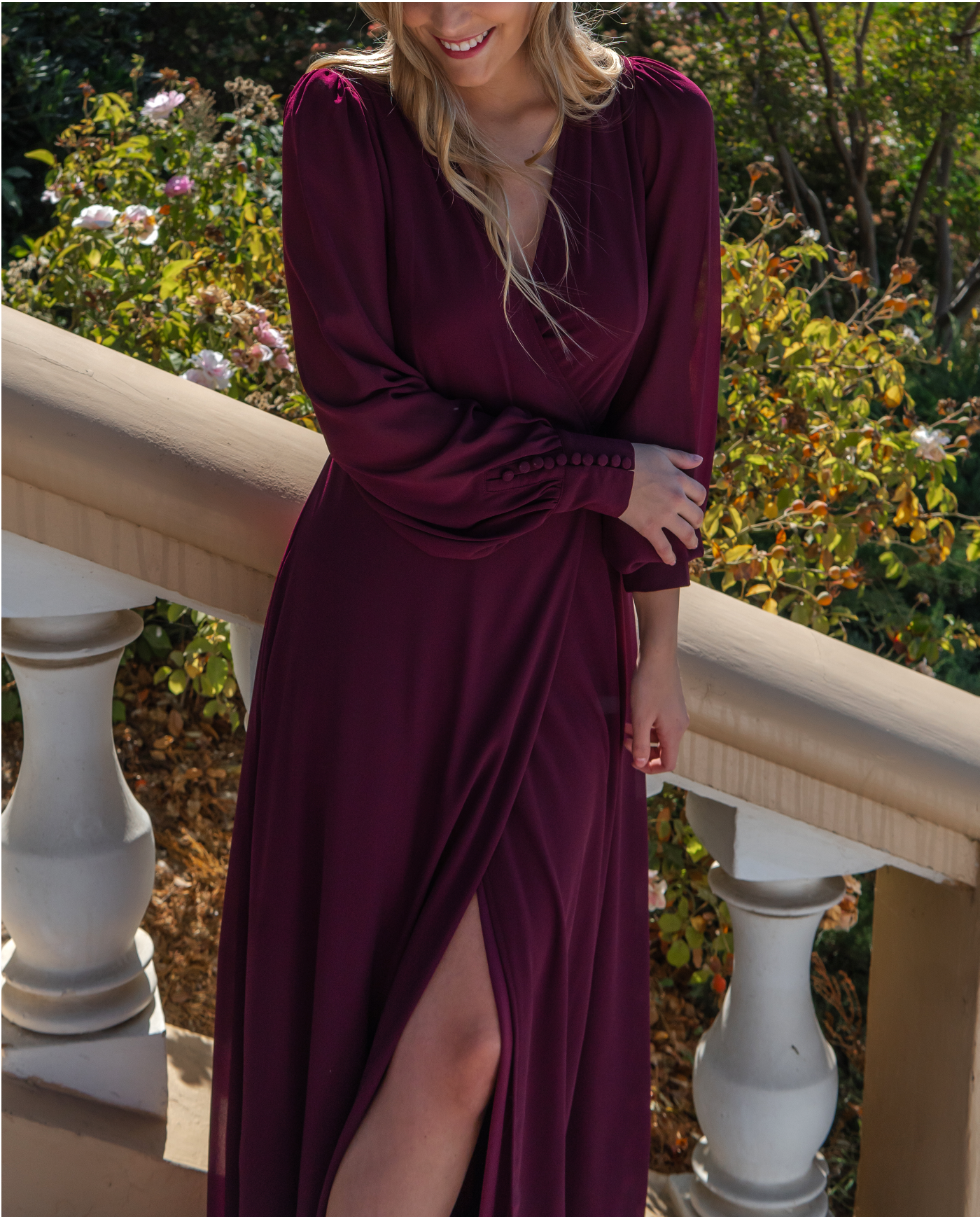 Vestido Largo De Fiesta Jacinta Manga Larga Burdeo-5