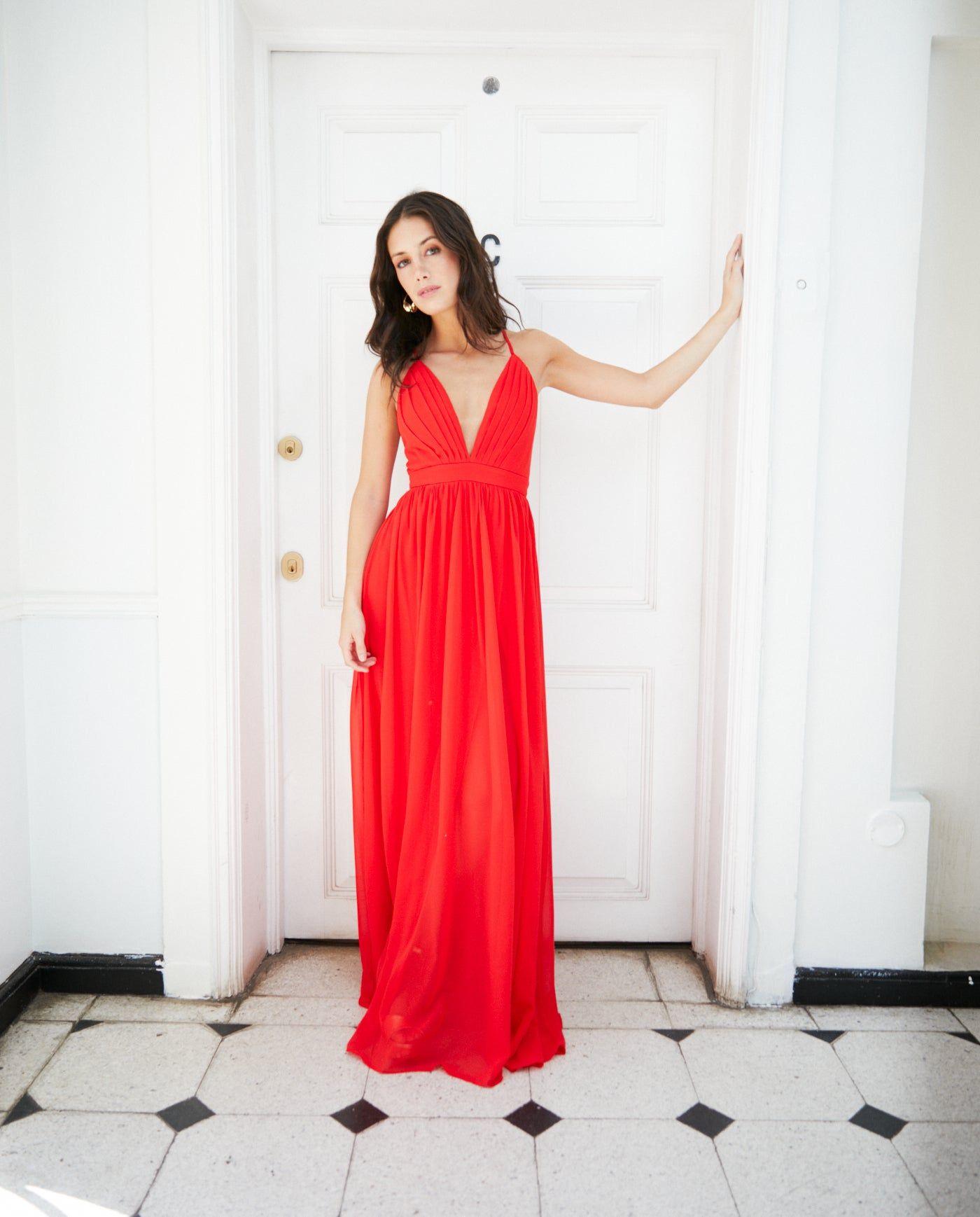 Vestido Largo de Fiesta Laura Gasa Rojo-5