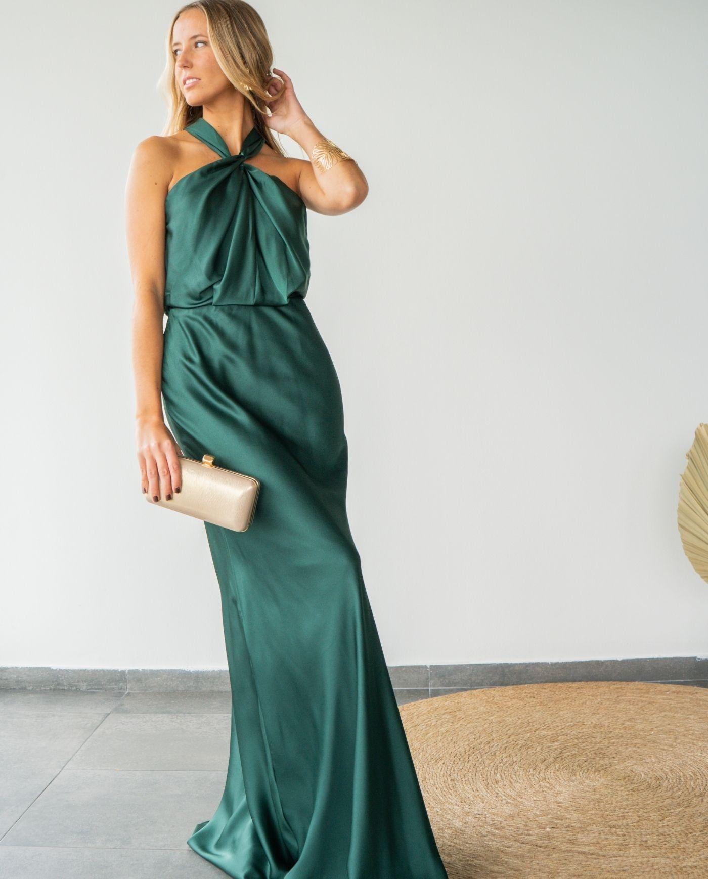 Vestido Largo de Fiesta Sofía Halter Verde Oscuro-0