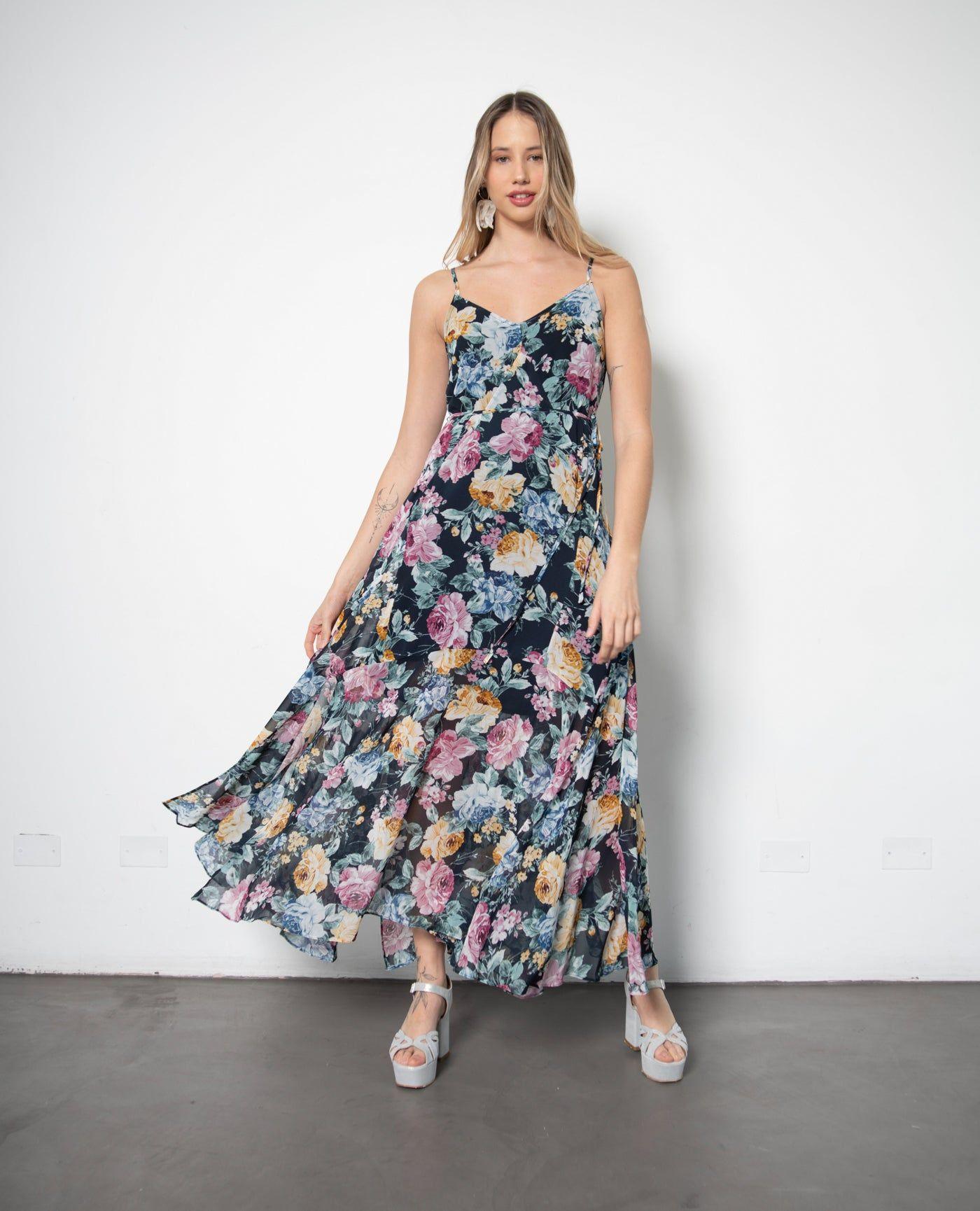 Vestido De Fiesta Largo Flora Fondo Azul Medianoche-3