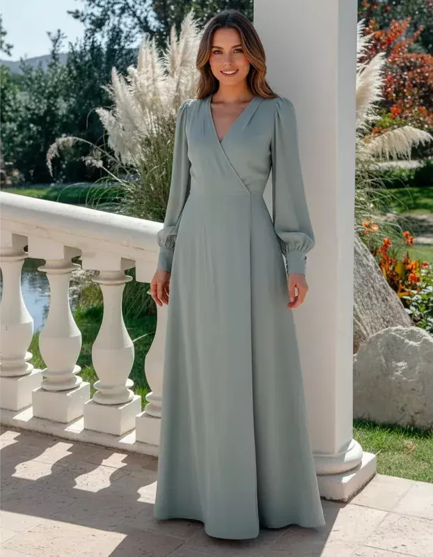 Vestido Largo Jacinta Manga Larga Verde Olivo-0