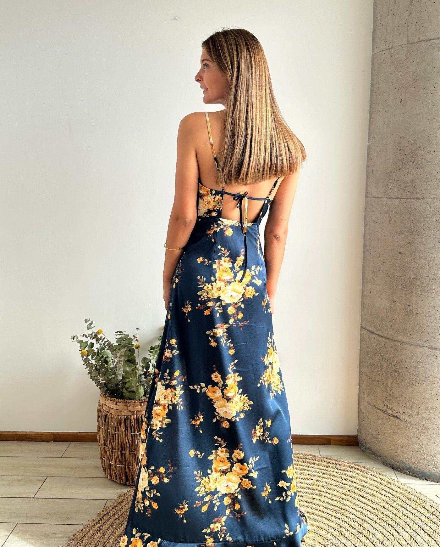 Vestido Largo Estela Floreado Azul-2