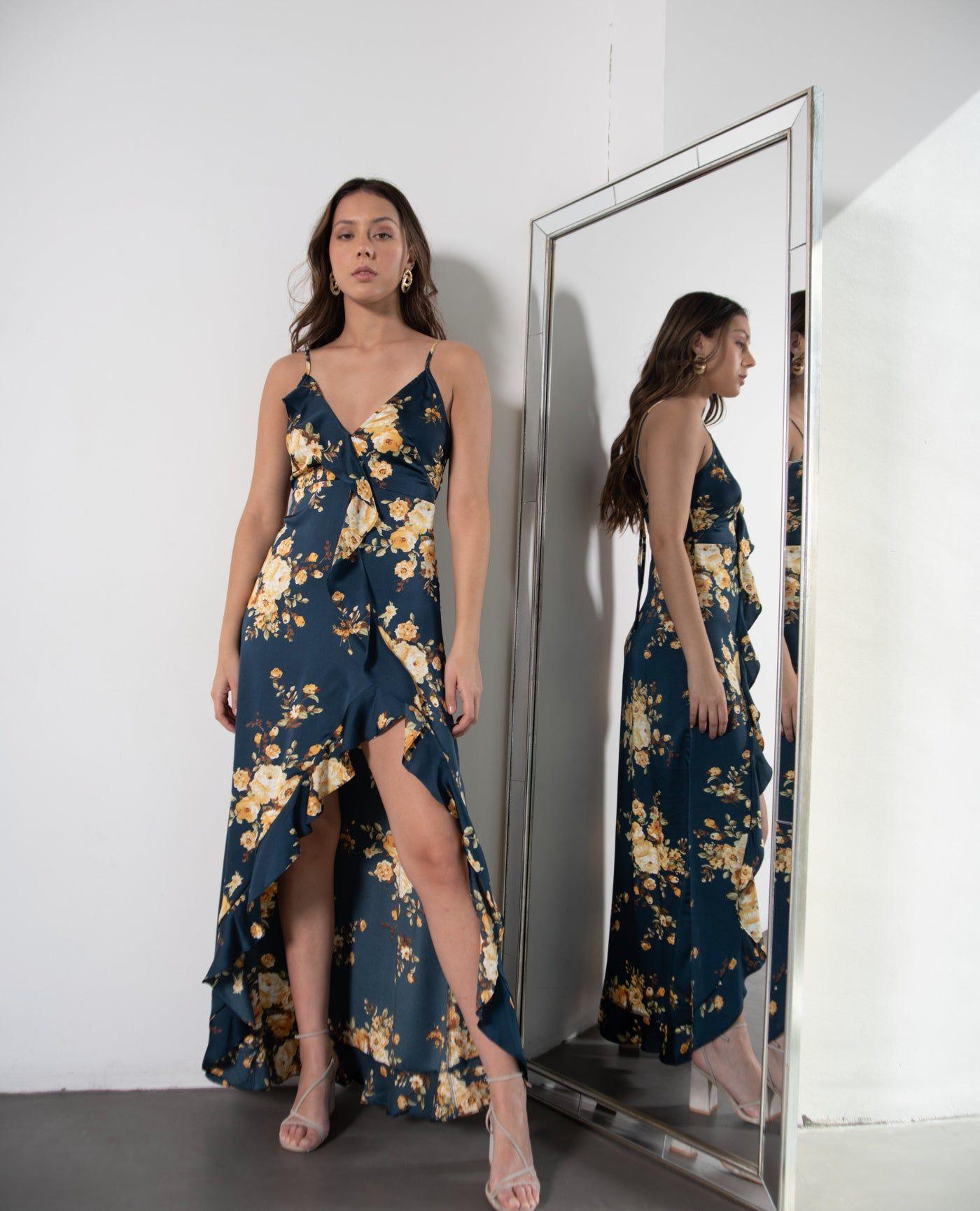 Vestido Largo Estela Floreado Azul-5