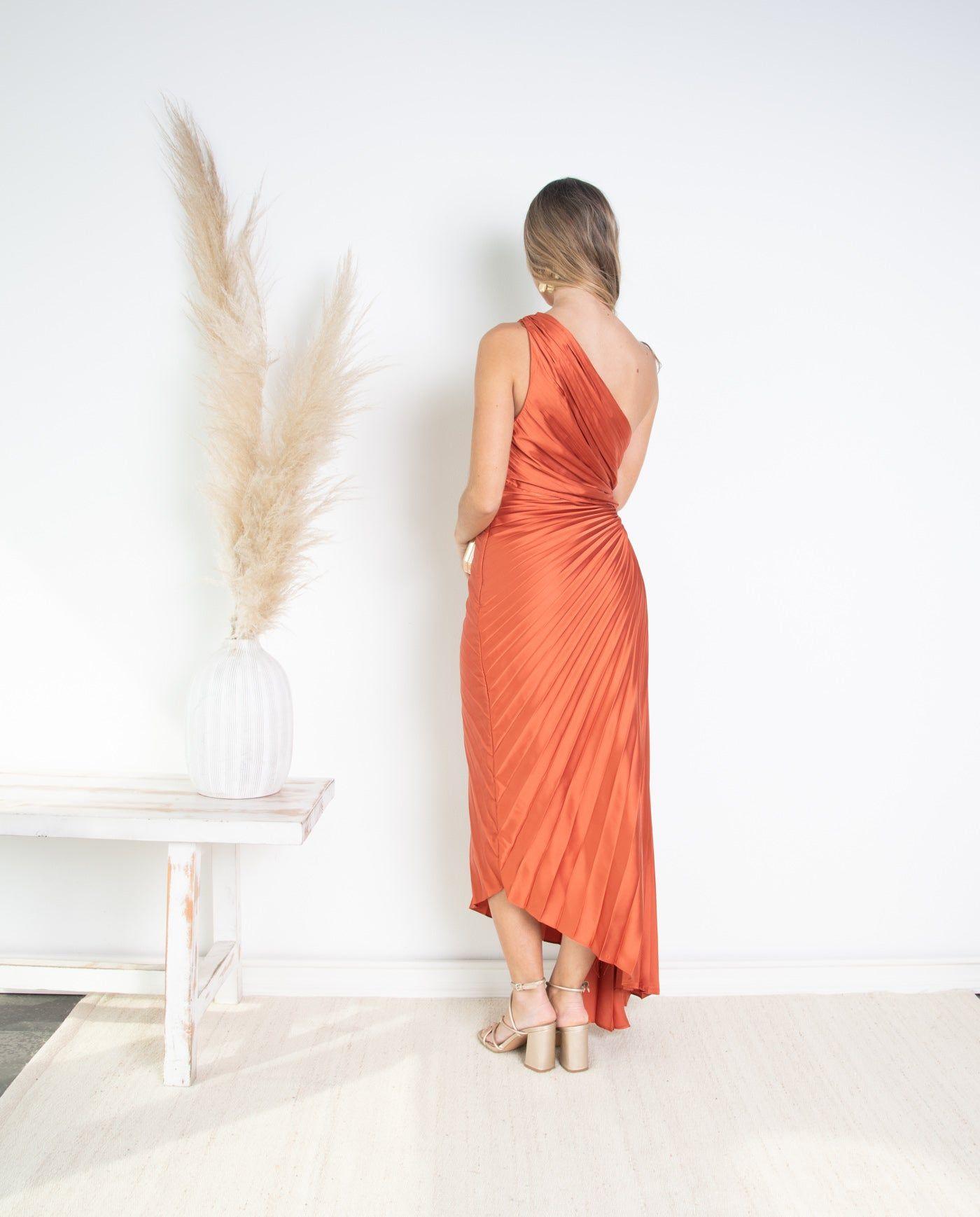 Vestido de Fiesta Largo Lucía un Hombro Terracota-3