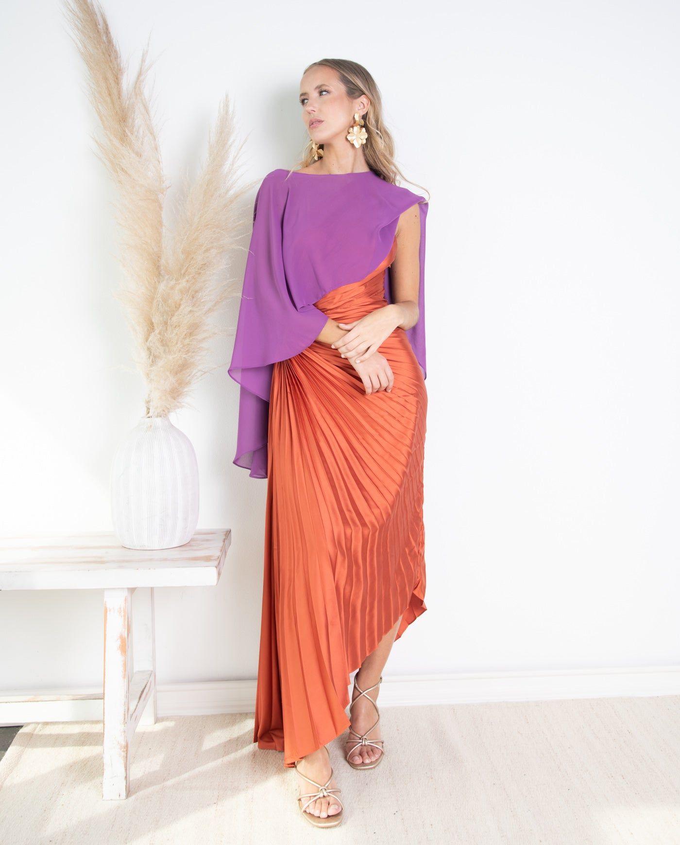 Vestido de Fiesta Largo Lucía un Hombro Terracota-6