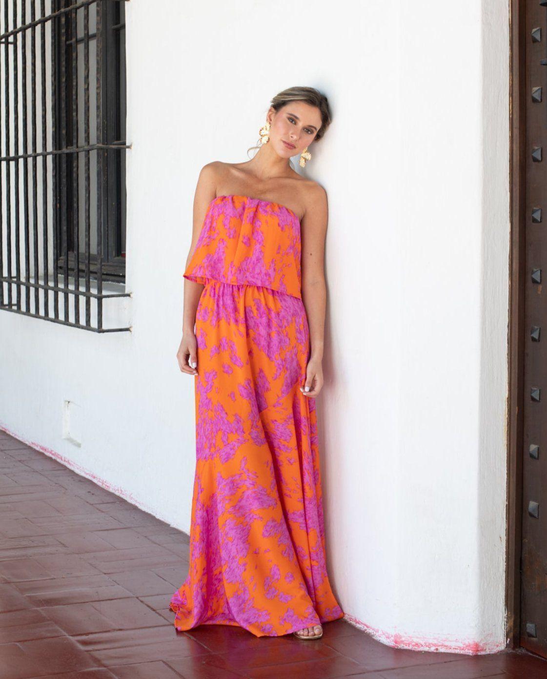 Vestido Largo de Fiesta Valentina Estampado Naranjo/Fucsia-0