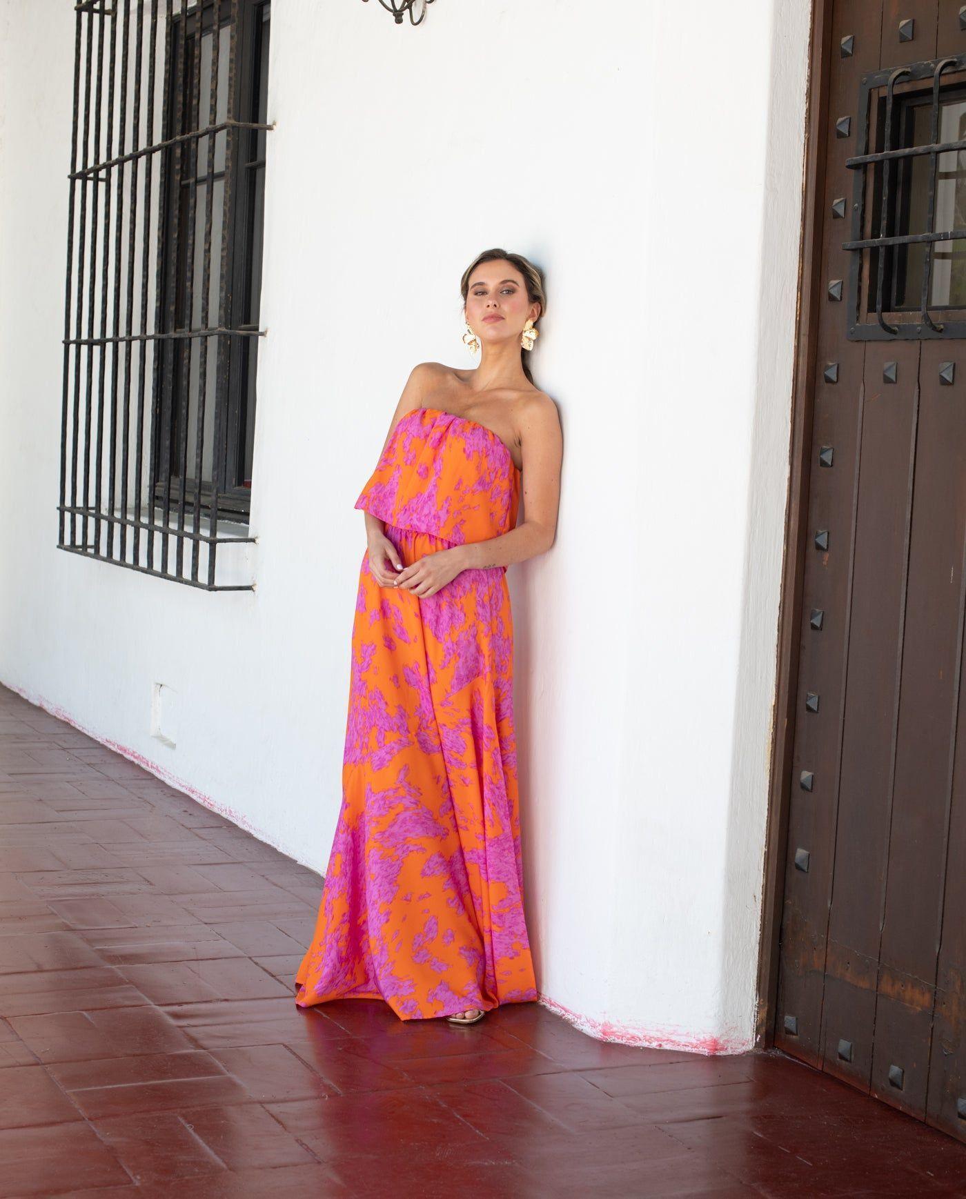 Vestido Largo de Fiesta Valentina Estampado Naranjo/Fucsia-1