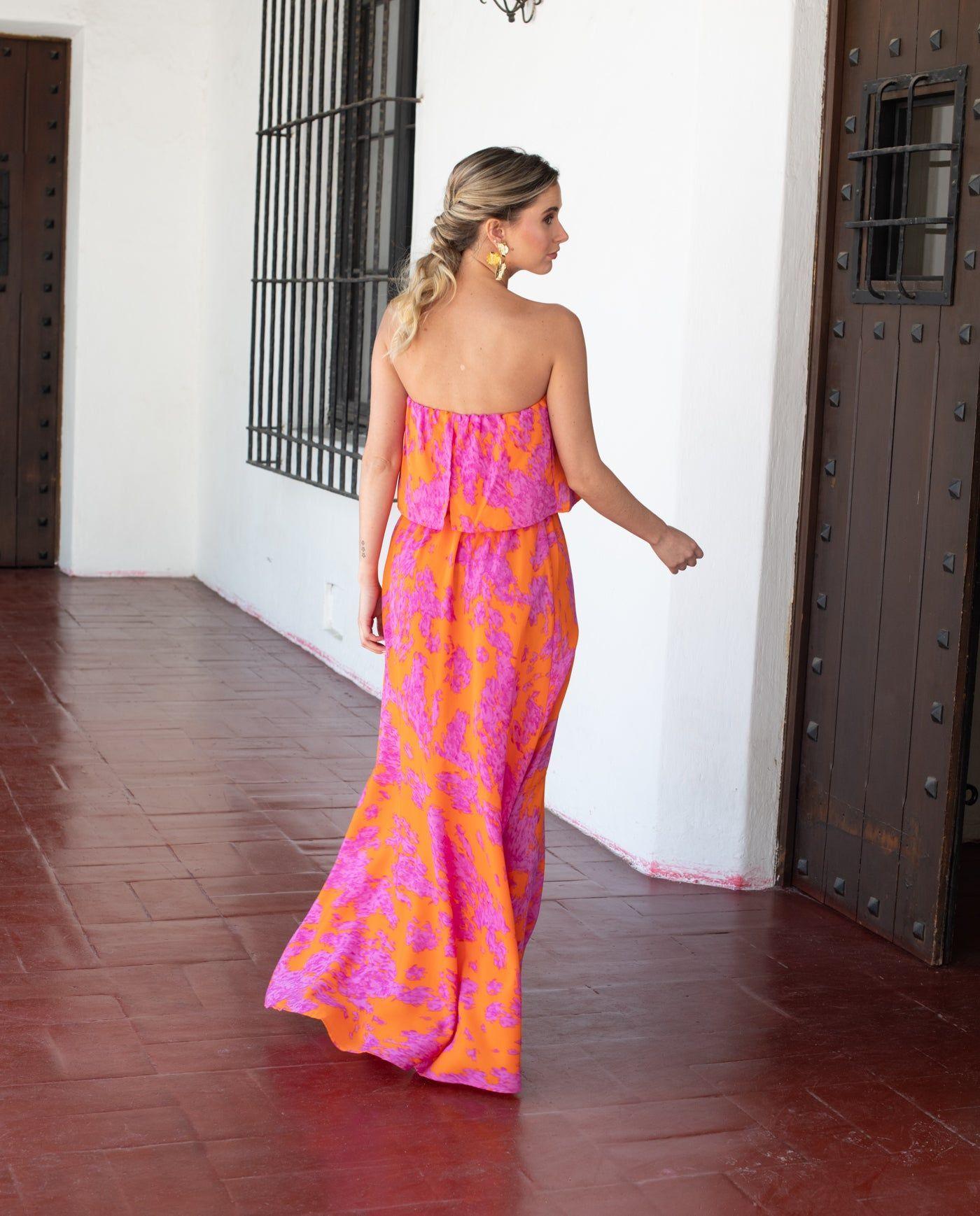 Vestido Largo de Fiesta Valentina Estampado Naranjo/Fucsia-2