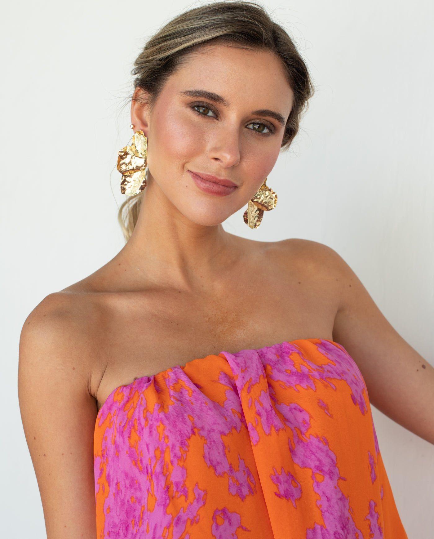 Vestido Largo de Fiesta Valentina Estampado Naranjo/Fucsia-3