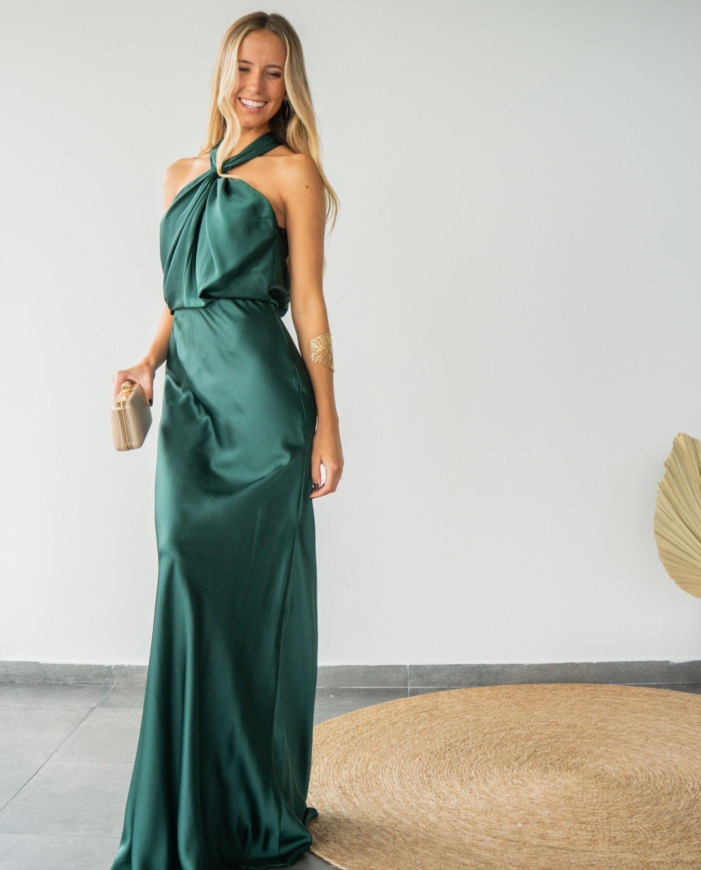 Vestido Largo de Fiesta Sofía Halter Verde Oscuro-2