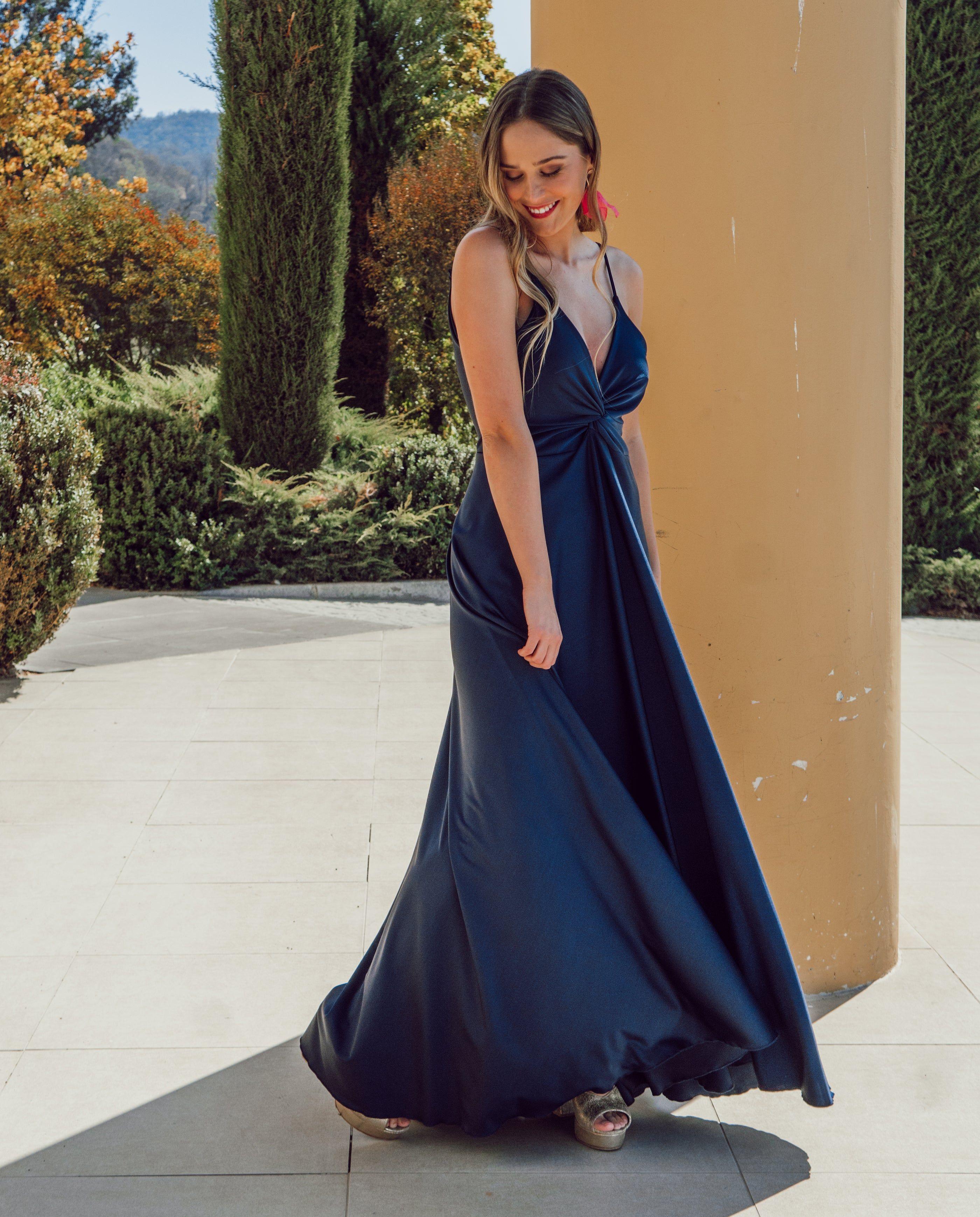 Vestido Largo de Fiesta Nudo Azul Oscuro-2