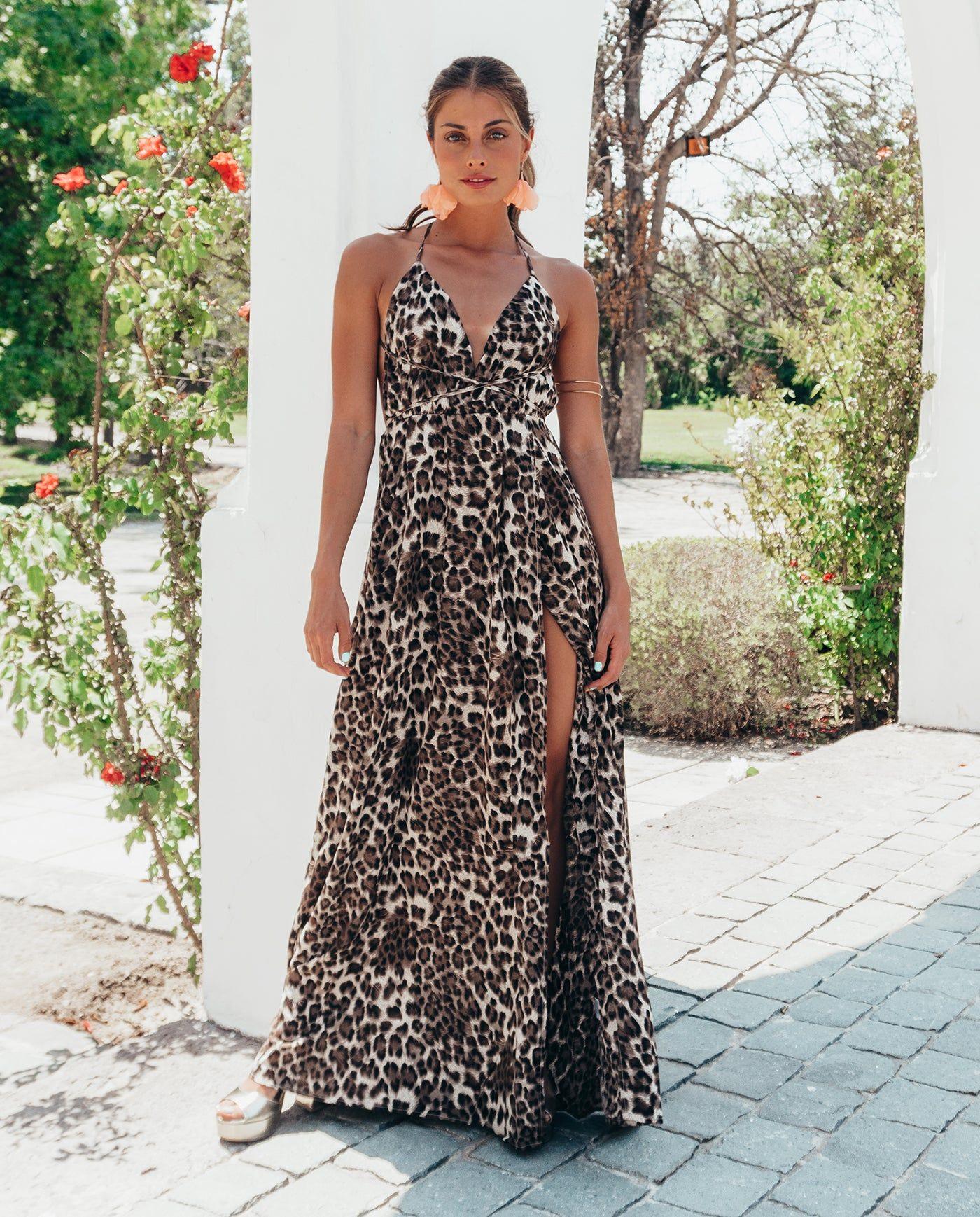 Vestido Largo De Fiesta Jacinta  Estampado Leopardo Cafe-0