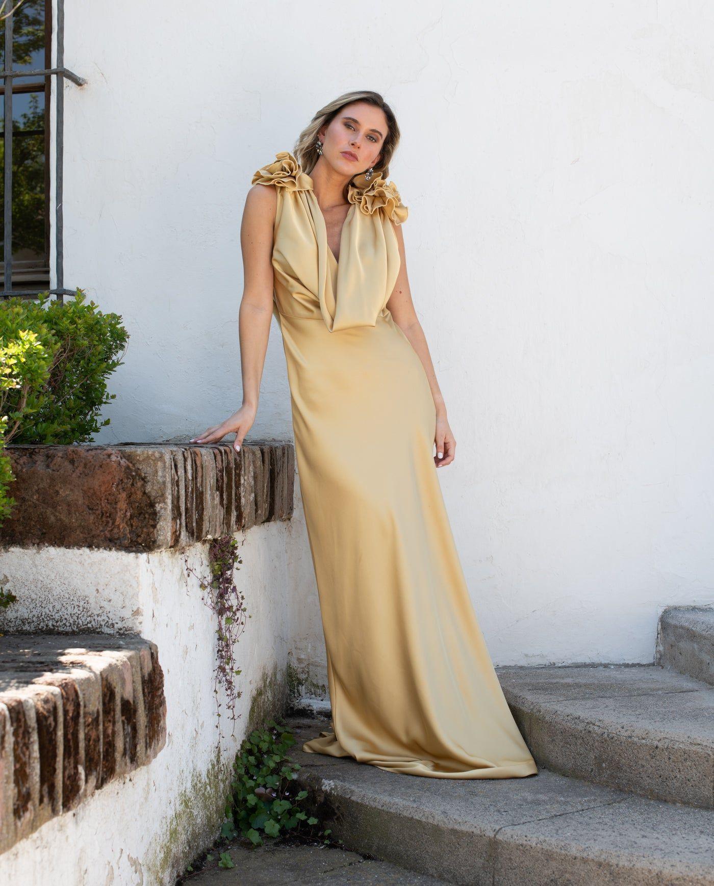 Vestido Largo de Fiesta Cartagena Flores Dorado-0