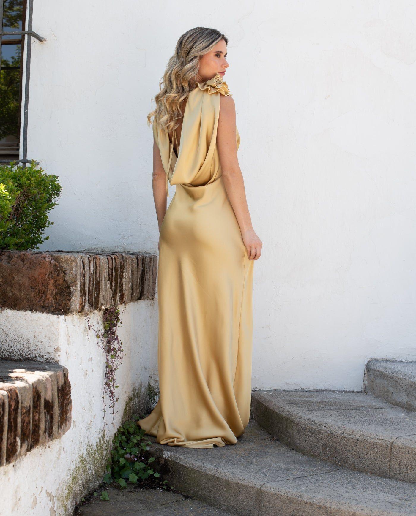 Vestido Largo de Fiesta Cartagena Flores Dorado-1