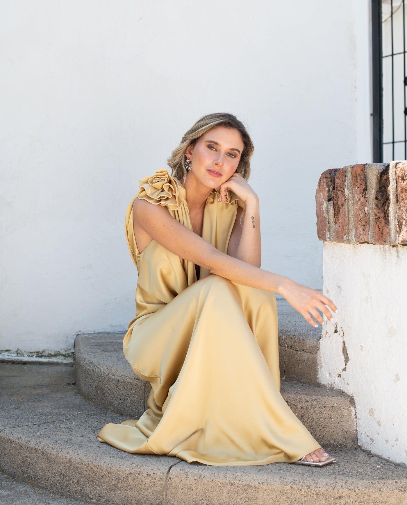 Vestido Largo de Fiesta Cartagena Flores Dorado-2