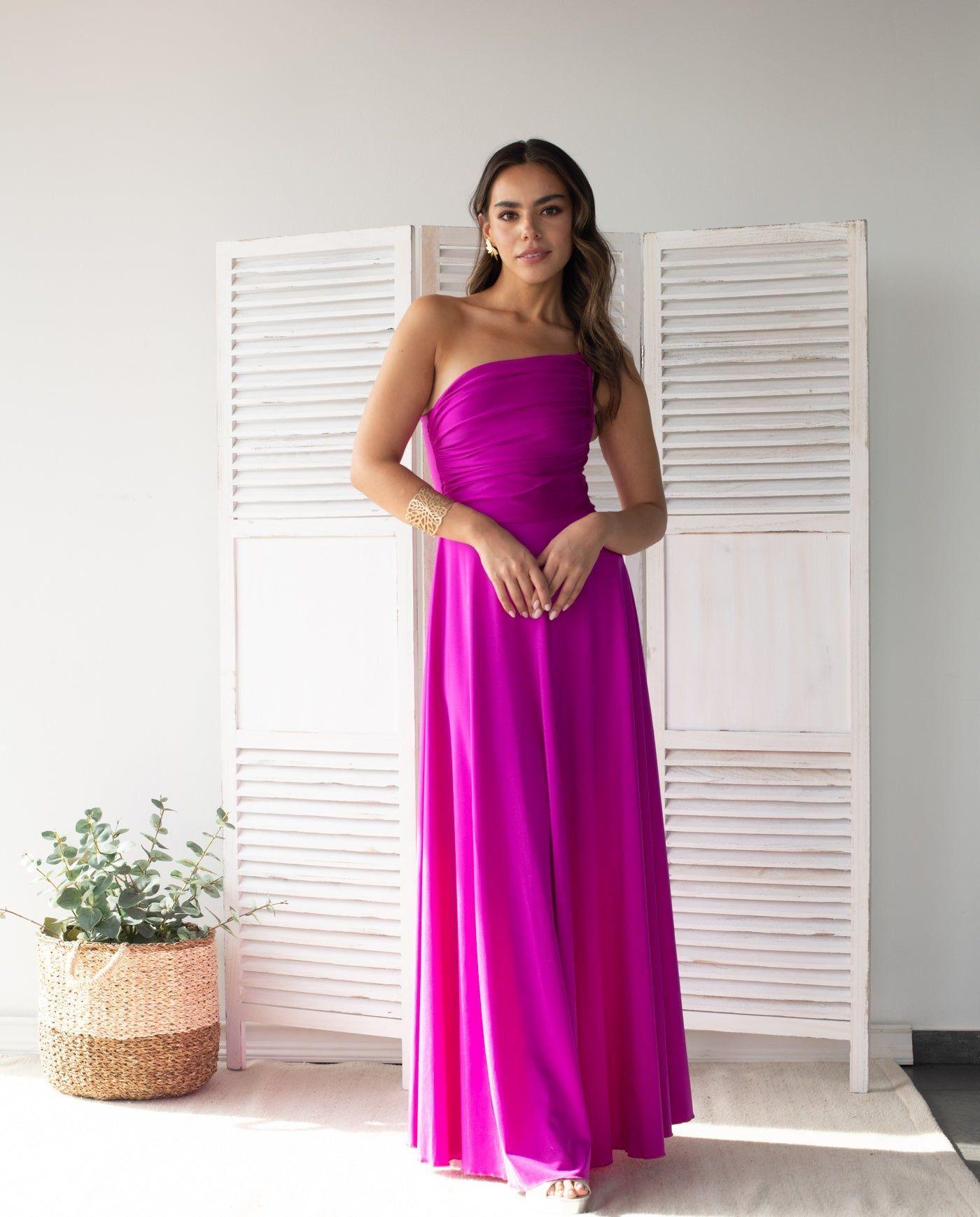 Vestido Largo de Fiesta Loreto Asimetrico Magenta-3