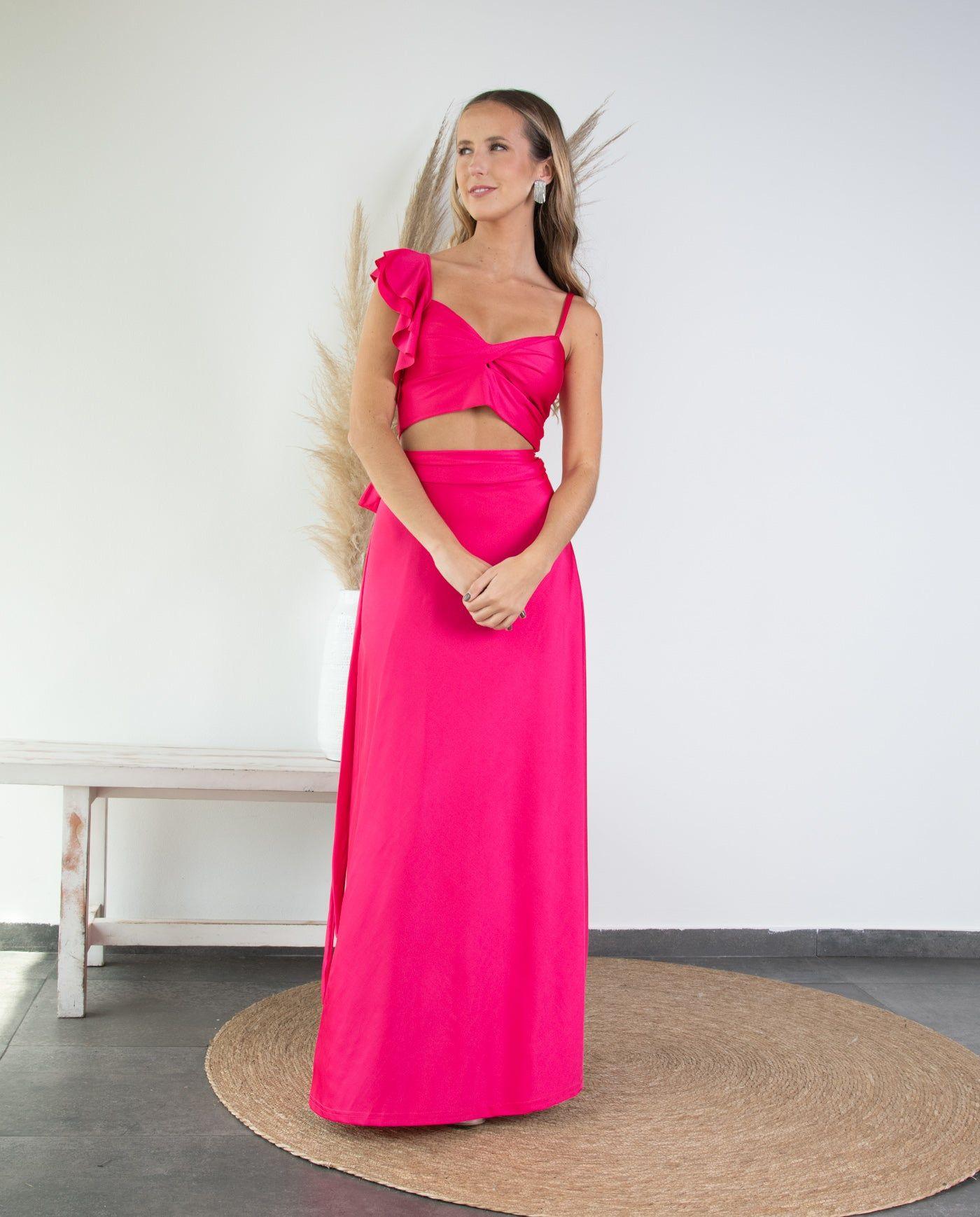 Conjunto de Fiesta Sole un Hombro Lycra Dupont Fucsia-0