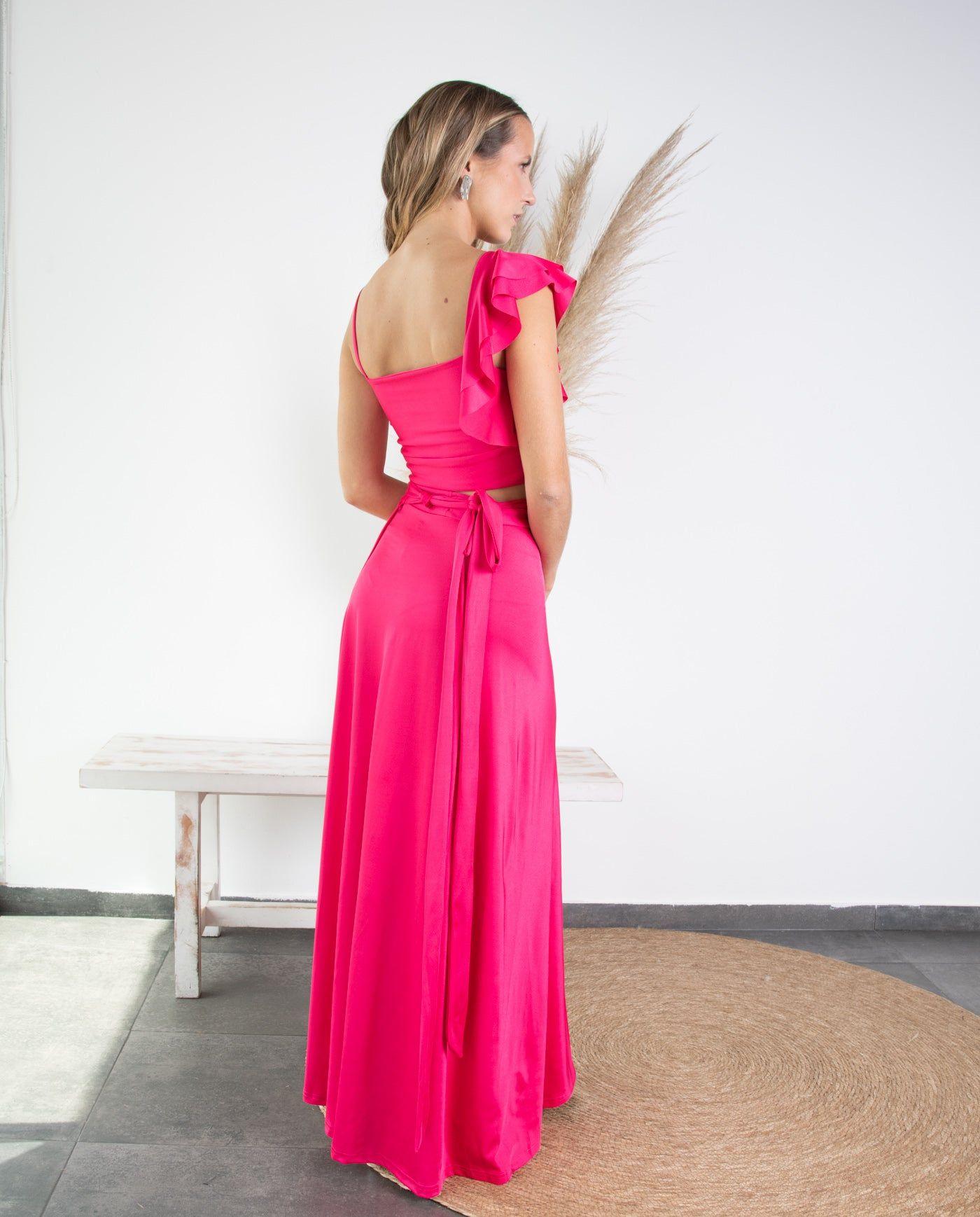 Conjunto de Fiesta Sole un Hombro Lycra Dupont Fucsia-1