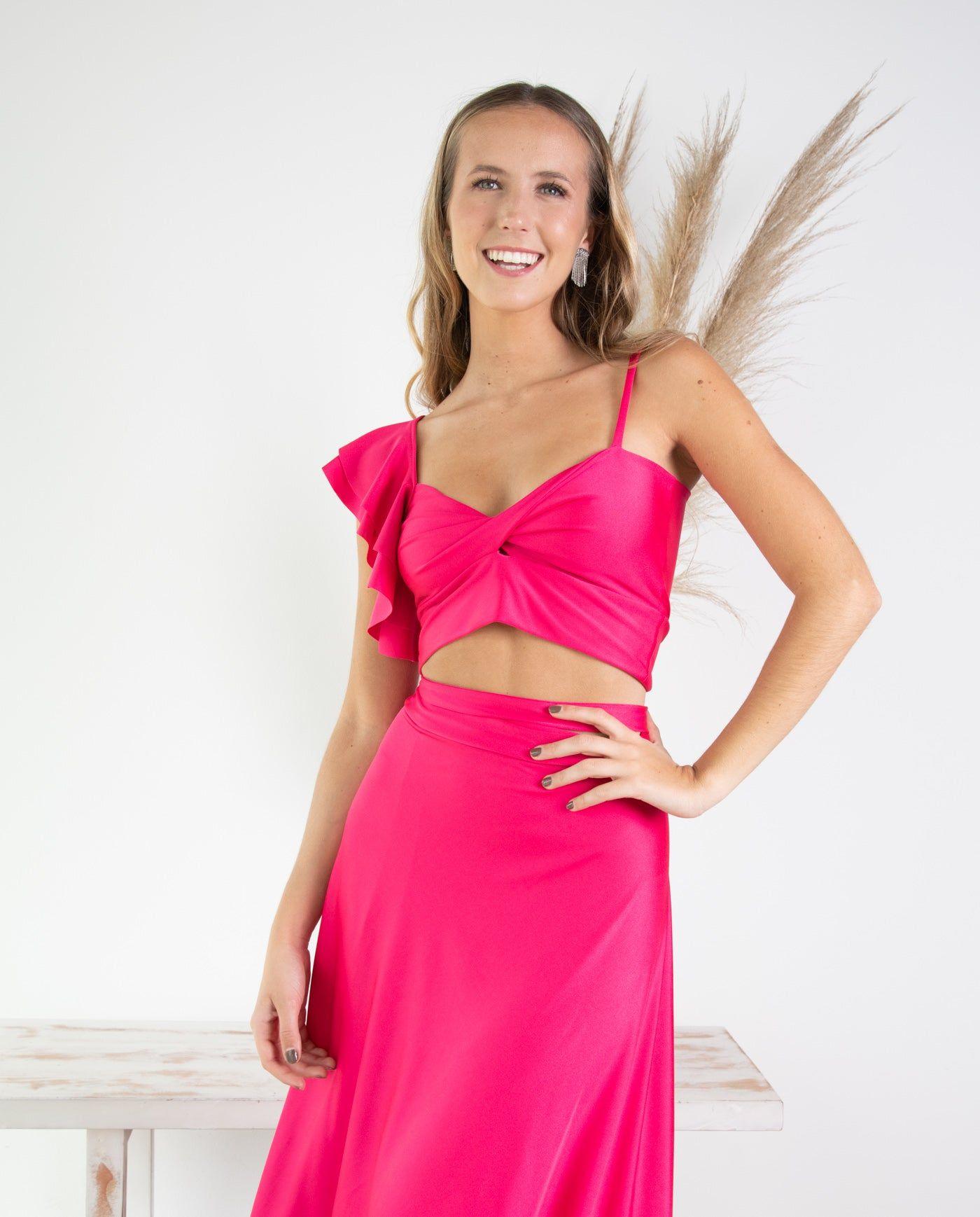 Conjunto de Fiesta Sole un Hombro Lycra Dupont Fucsia-2