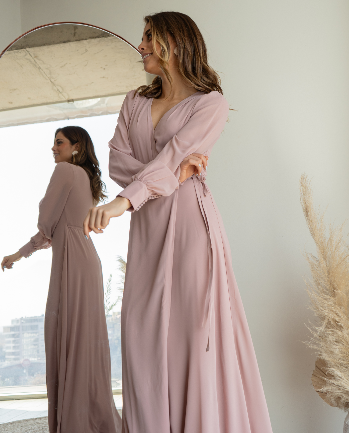 Vestido Largo De Fiesta Jacinta Manga Larga Palo Rosa-0