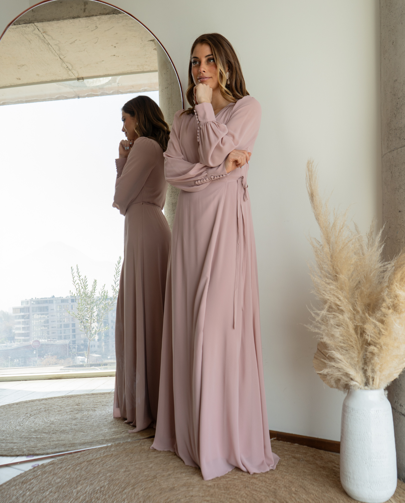 Vestido Largo De Fiesta Jacinta Manga Larga Palo Rosa-1