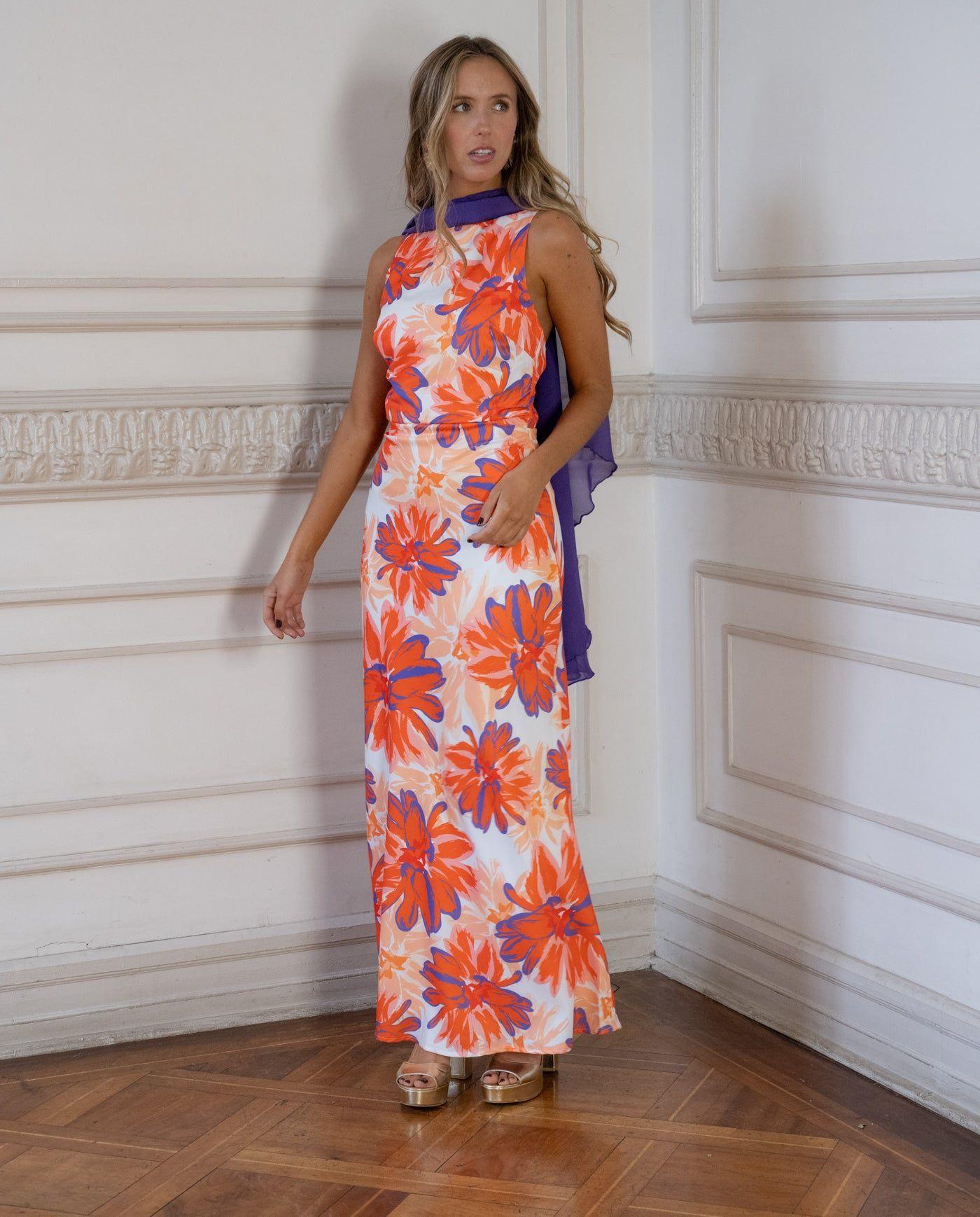 Vestido de Fiesta Vania Estampado Naranjo-4