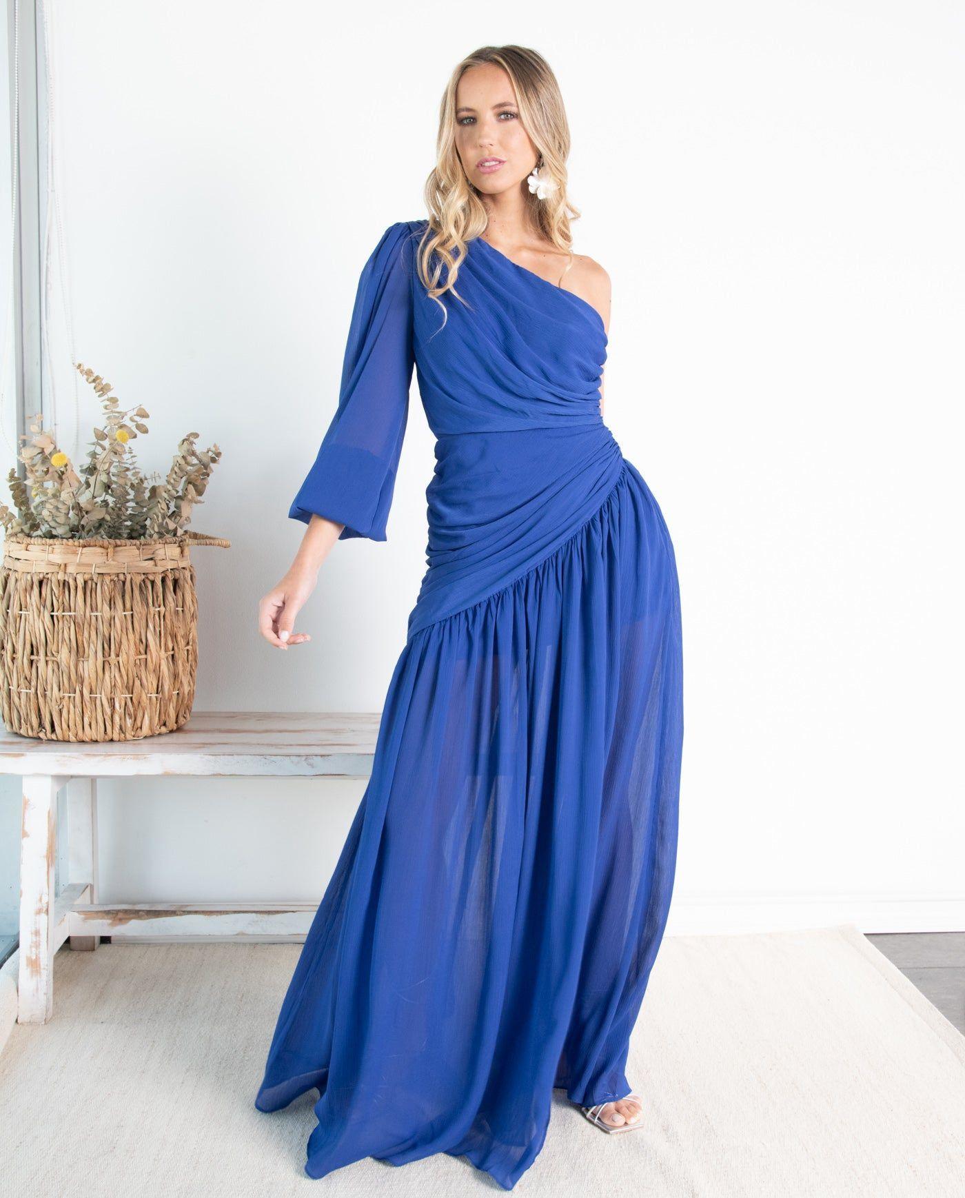Vestido Largo de Fiesta Viviana Una Manga Azul Royal-0