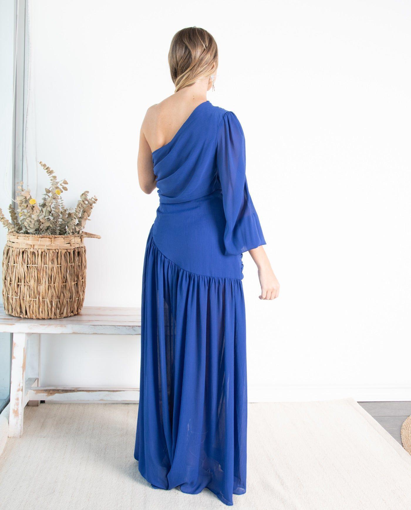 Vestido Largo de Fiesta Viviana Una Manga Azul Royal-1