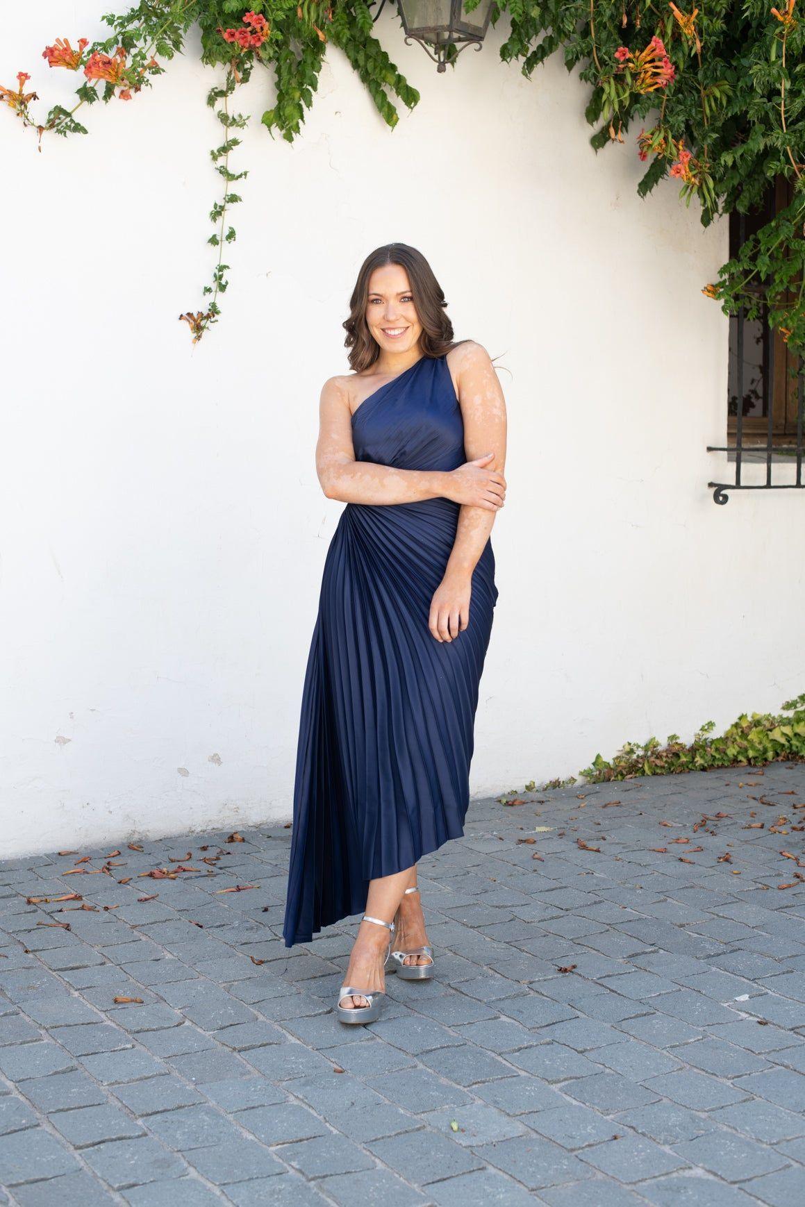 Vestido Largo de Fiesta Lucía un Hombro Azul Oscuro-3