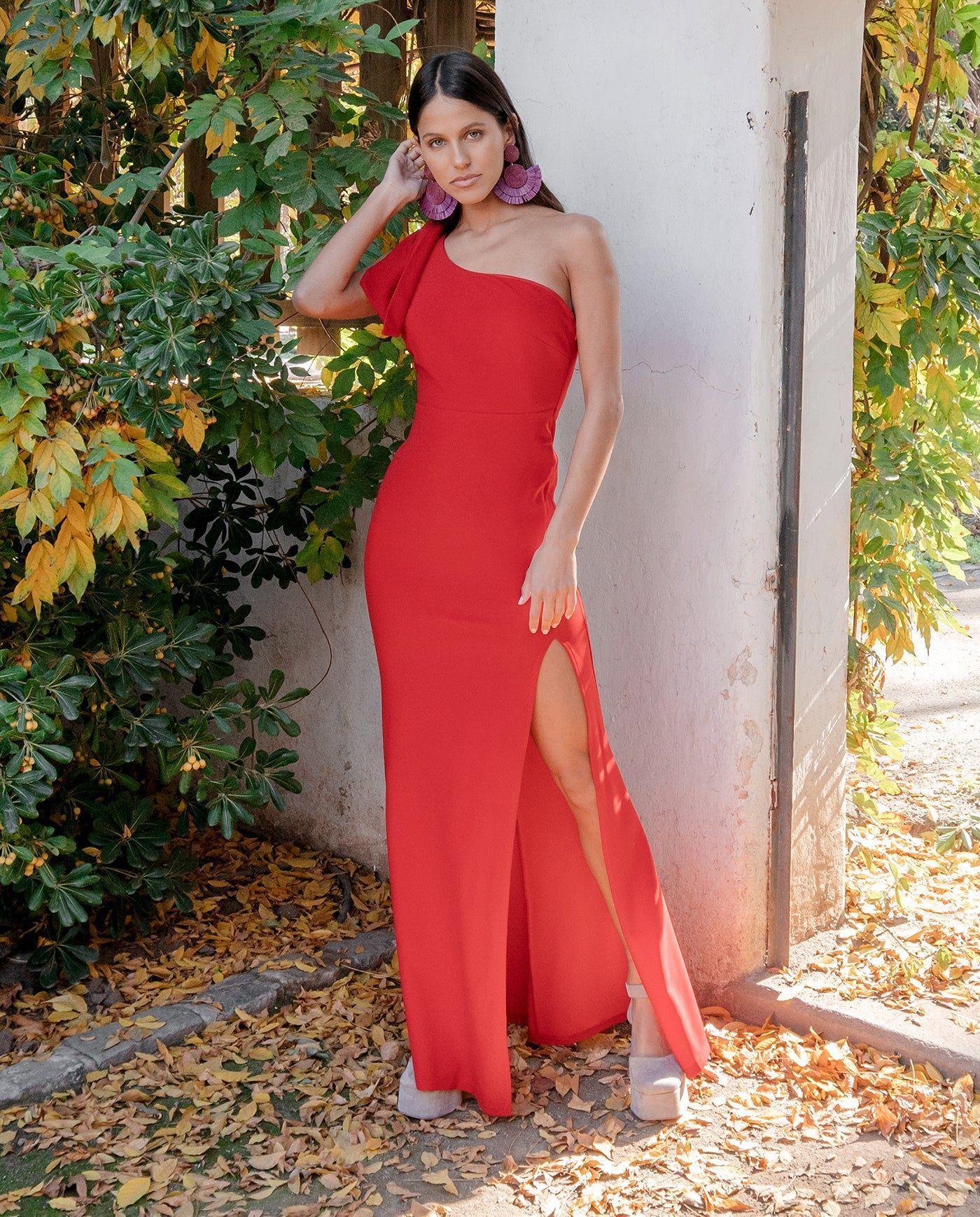 Vestido De Fiesta Largo Pauline Un  Hombro Rojo-3