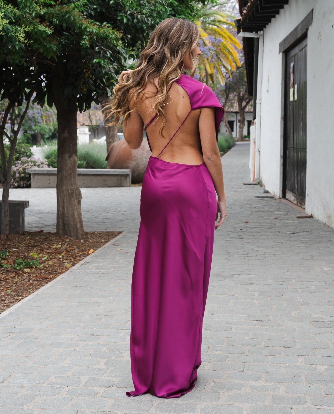 Vestido Largo de fiesta Magda Satin Magenta-3