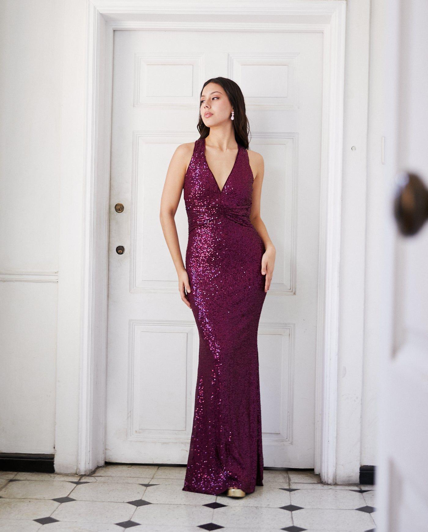 Vestido Largo de Fiesta Amara Lentejuelas Morado-1