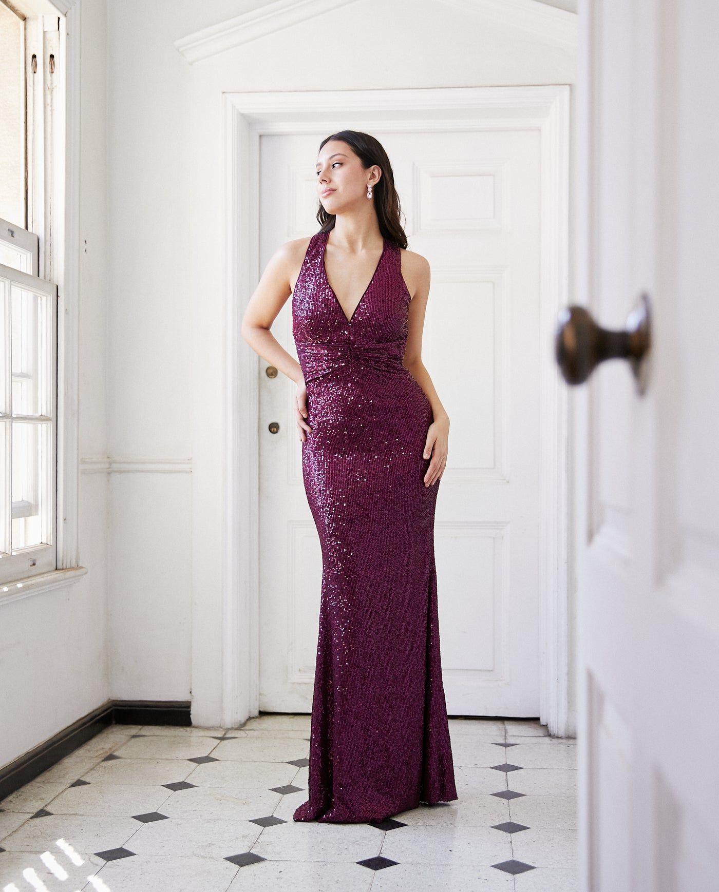 Vestido Largo de Fiesta Amara Lentejuelas Morado-3