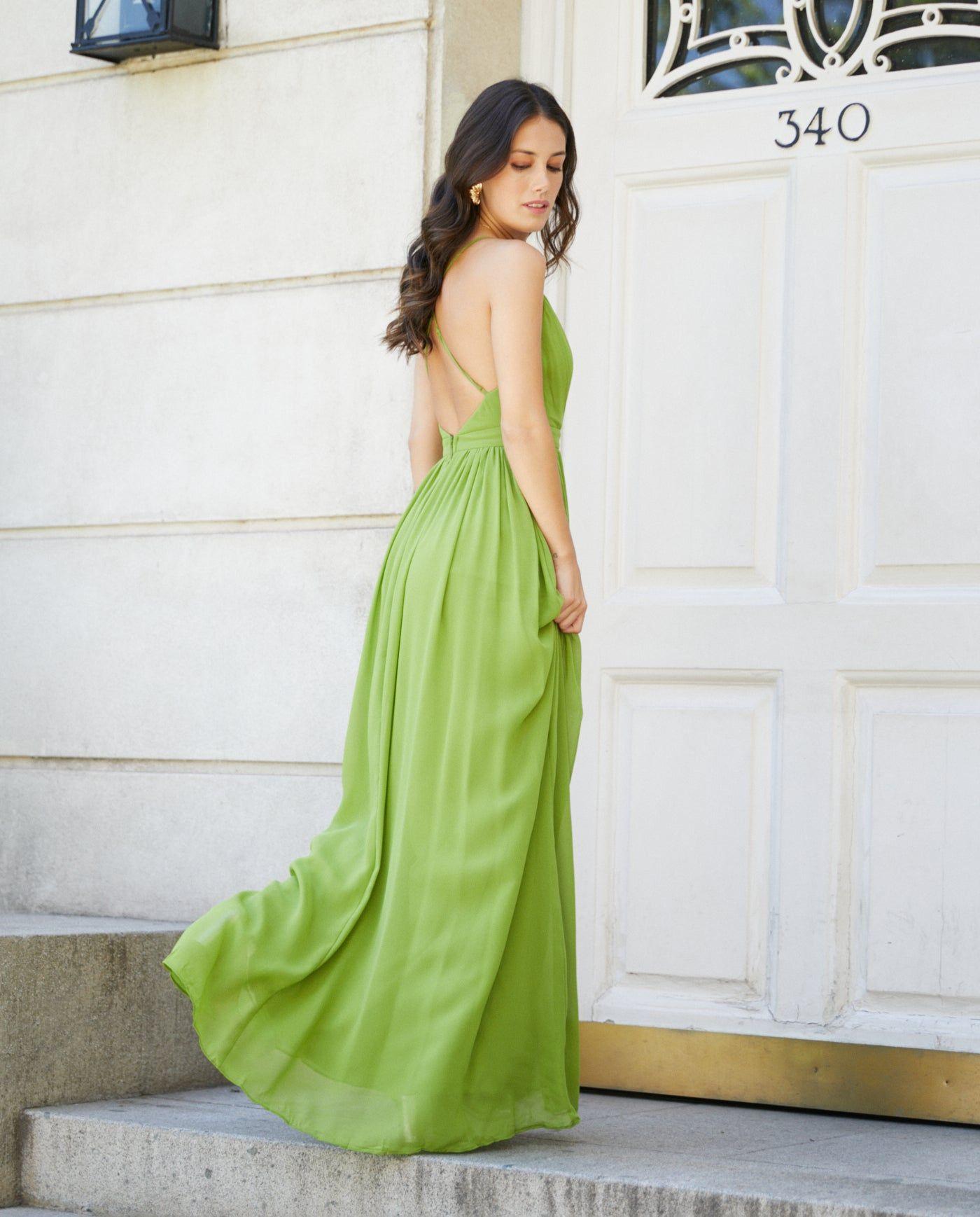 Vestido Largo de Fiesta Laura Gasa Verde Limón-6