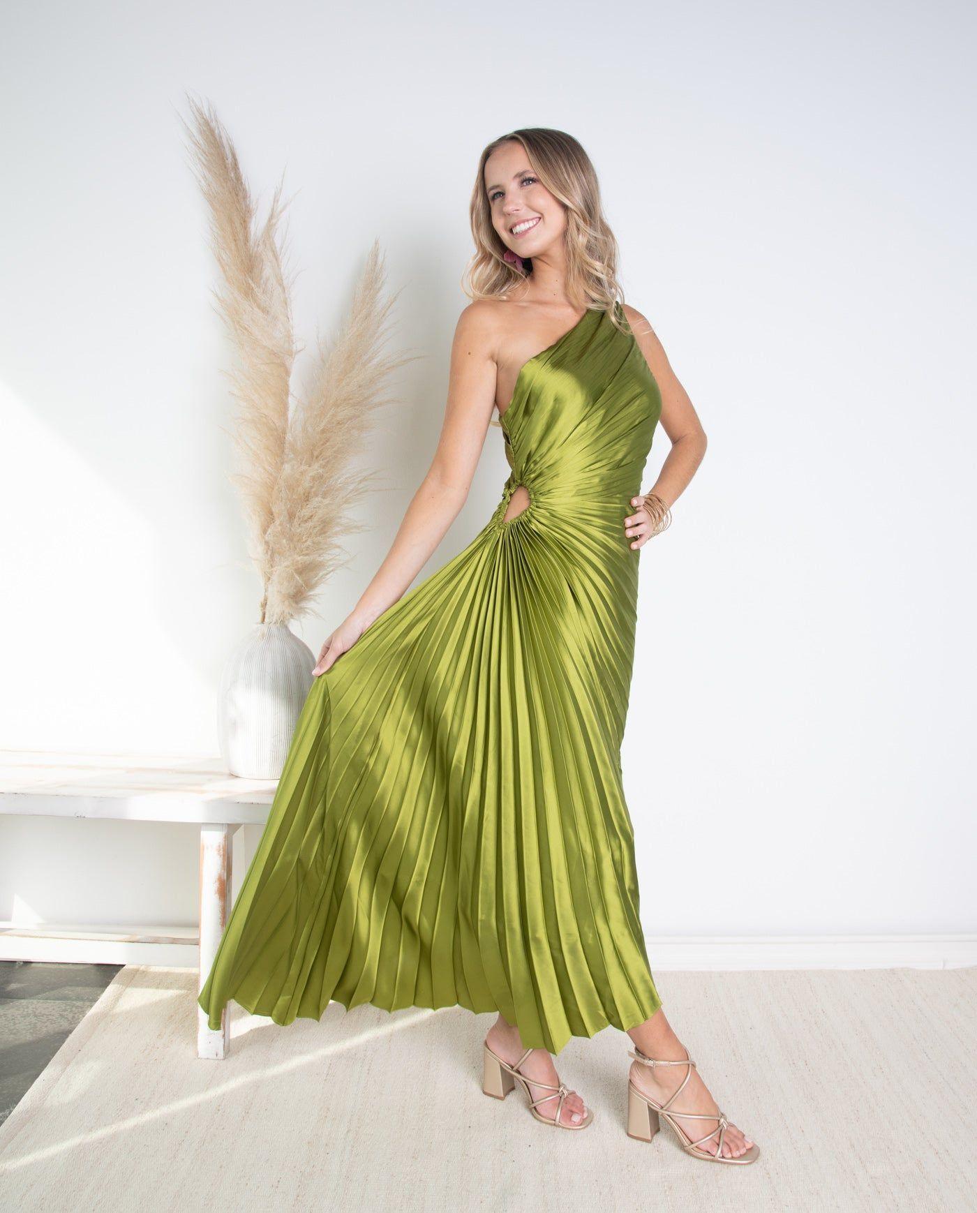 Vestido de Fiesta Largo Lucía un Hombro Verde Limón-4