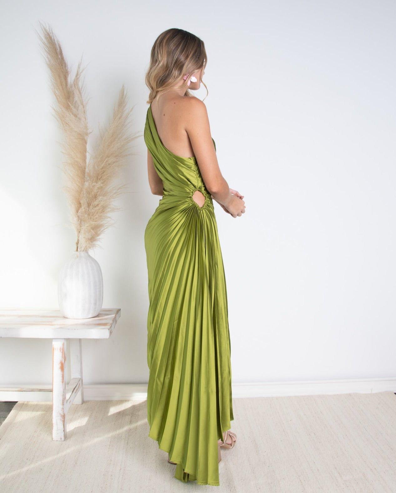 Vestido de Fiesta Largo Lucía un Hombro Verde Limón-2