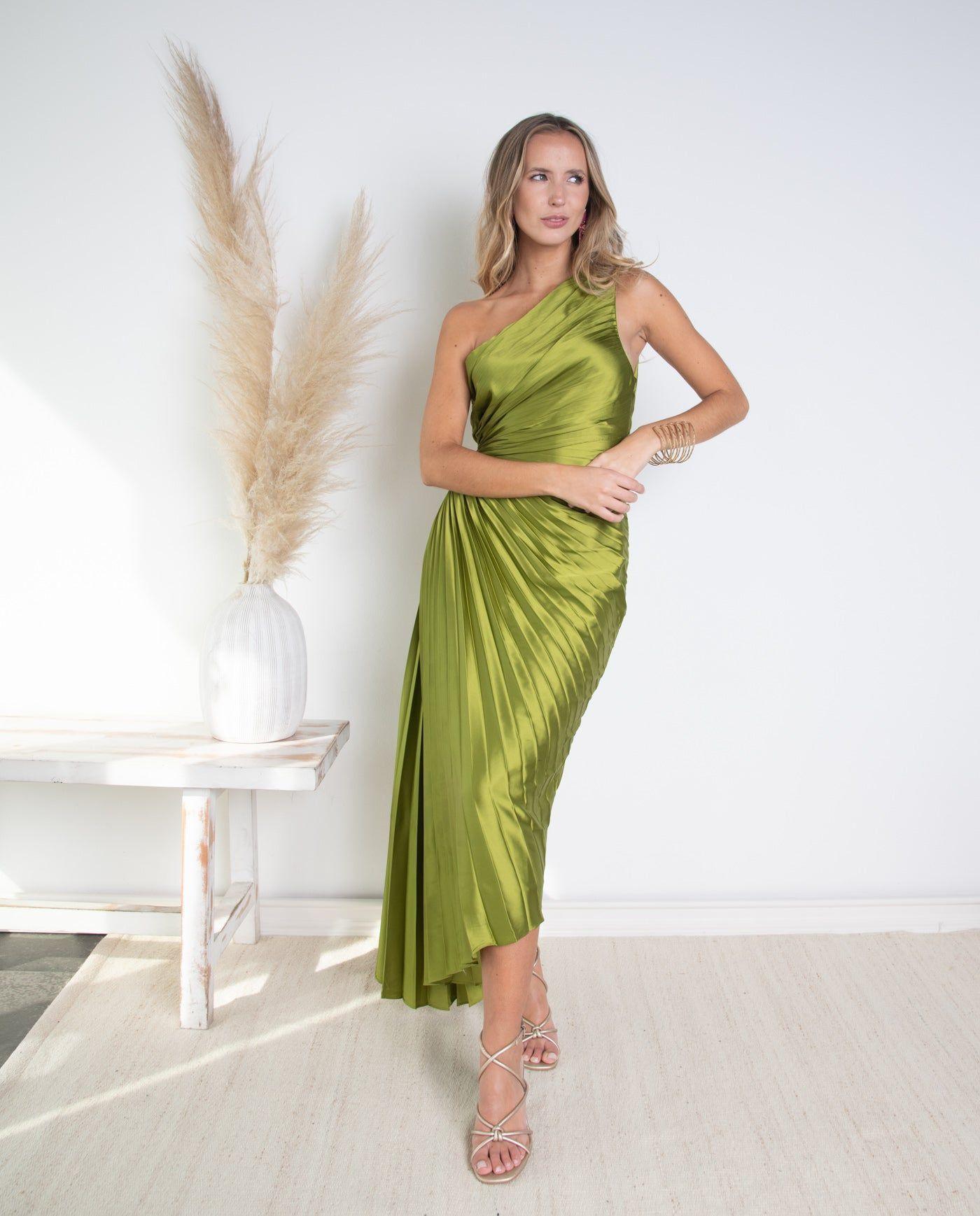 Vestido de Fiesta Largo Lucía un Hombro Verde Limón-4