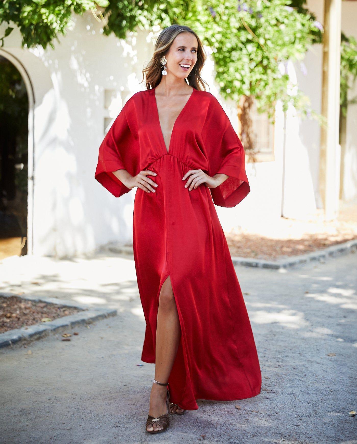 Vestido Largo de Fiesta Pola Satín Rojo-0