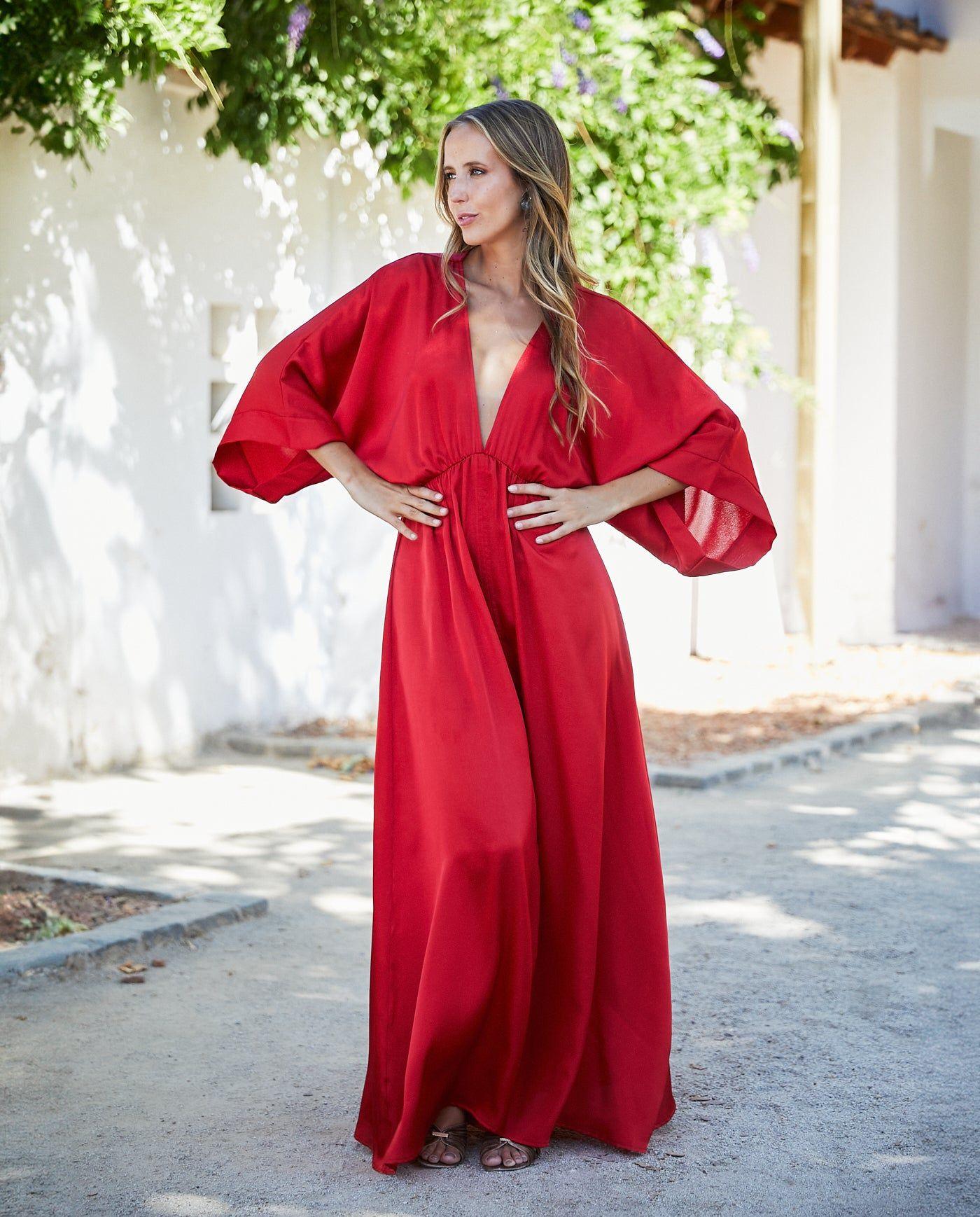 Vestido Largo de Fiesta Pola Satín Rojo-1