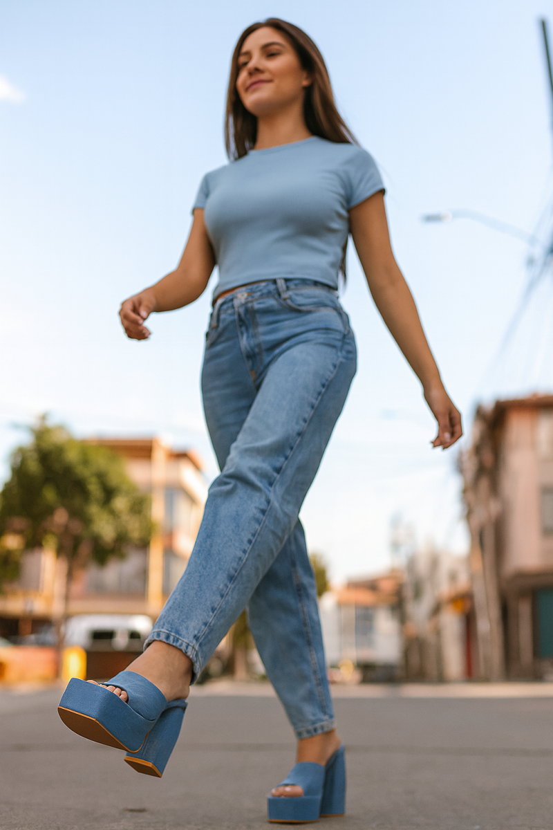 Sandalia Jeans Mujer Taco Grueso Cómodo Moderno Celeste-4