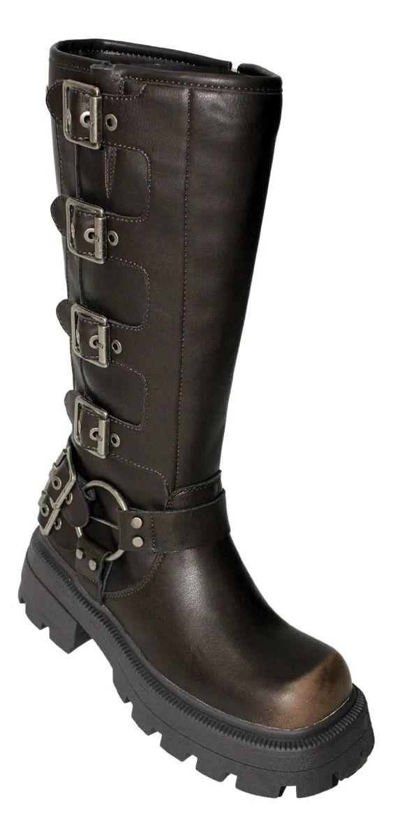 Bota Larga Con Hebillas Vintage En Negro Y Café-1