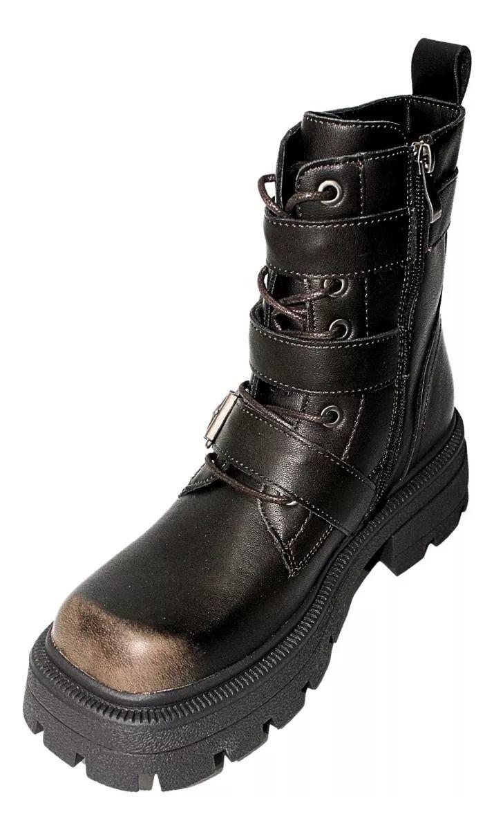 Botín Vintage De Caña Media Con Hebillas Y Cordones-3