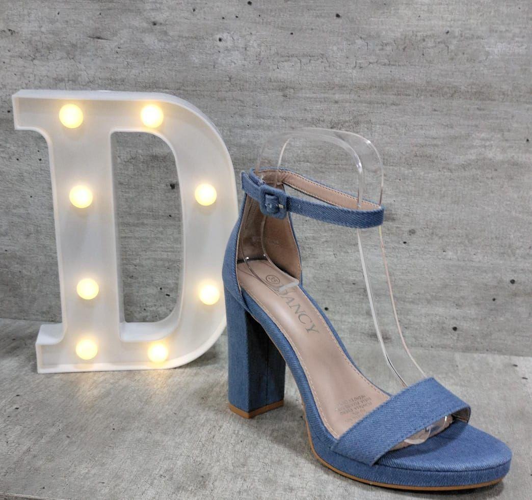 Sandalia De Tacón Bajo Tela Jeans-7