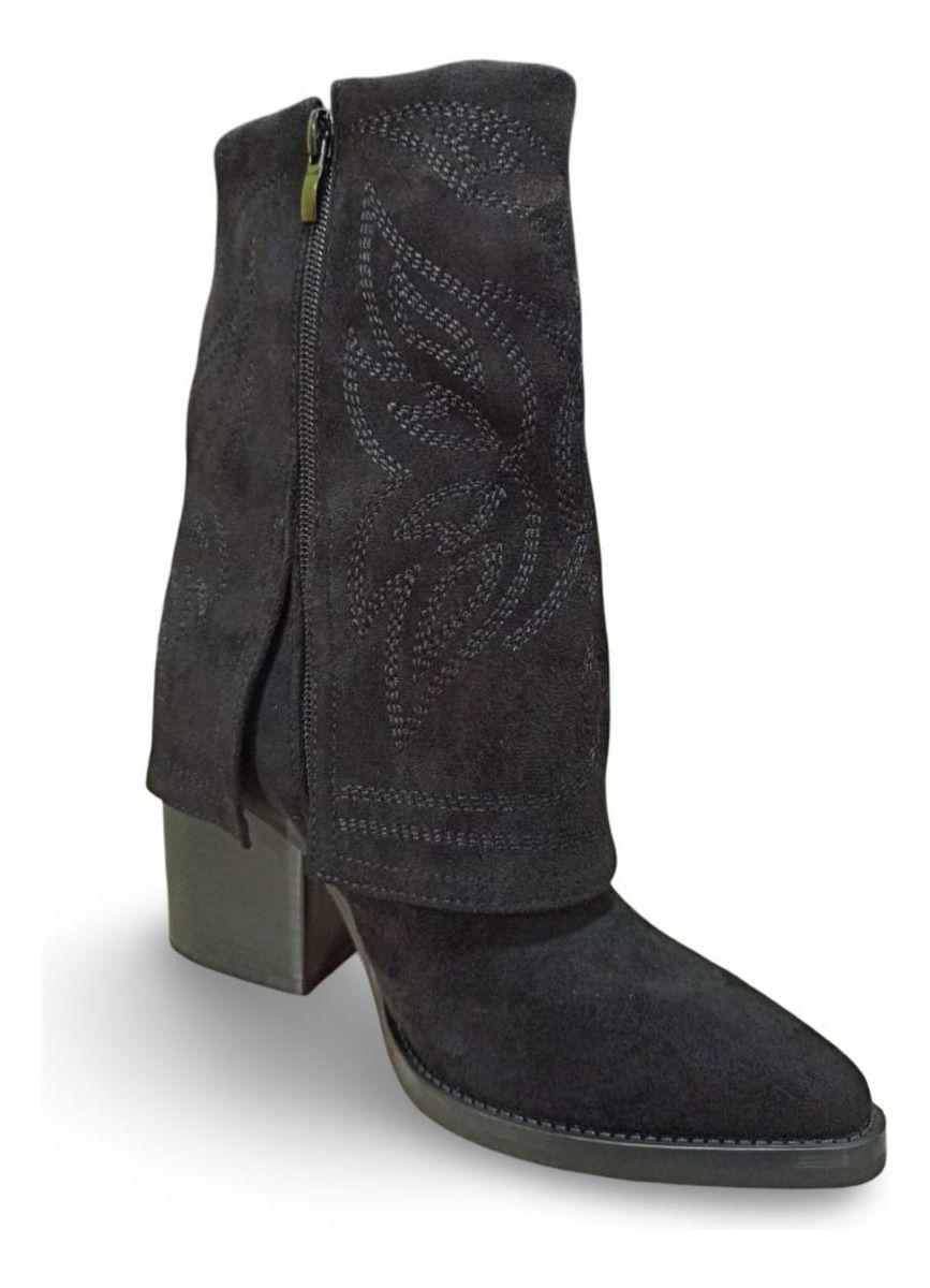 Botín Cowboy Mujer Tacón Bloque Diseño Bordado Y Forrado-6