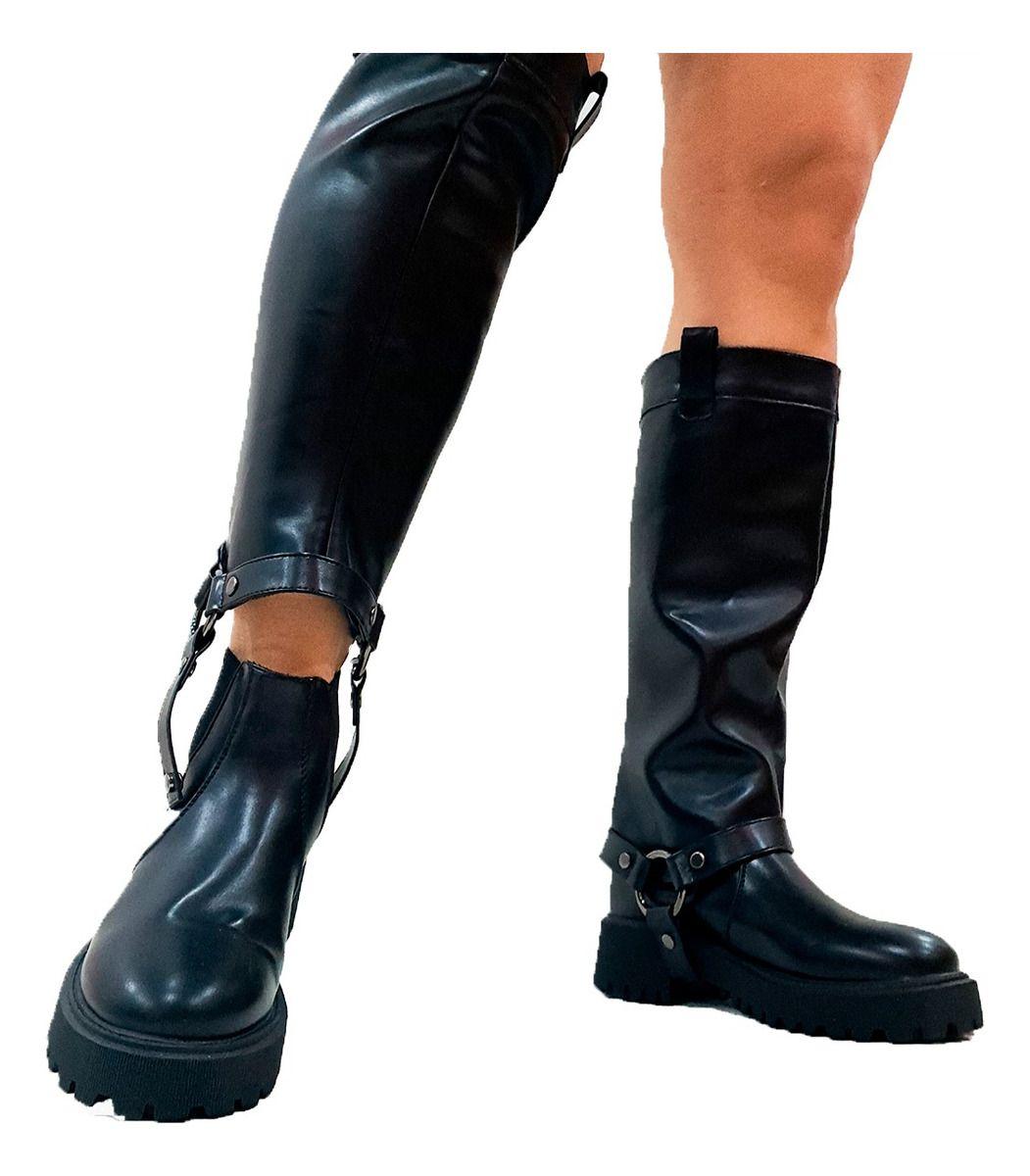 Bota modular desmontable 2 en 1 Bota + Botin De Mujer Plataforma En Eco Cuero Negra-1