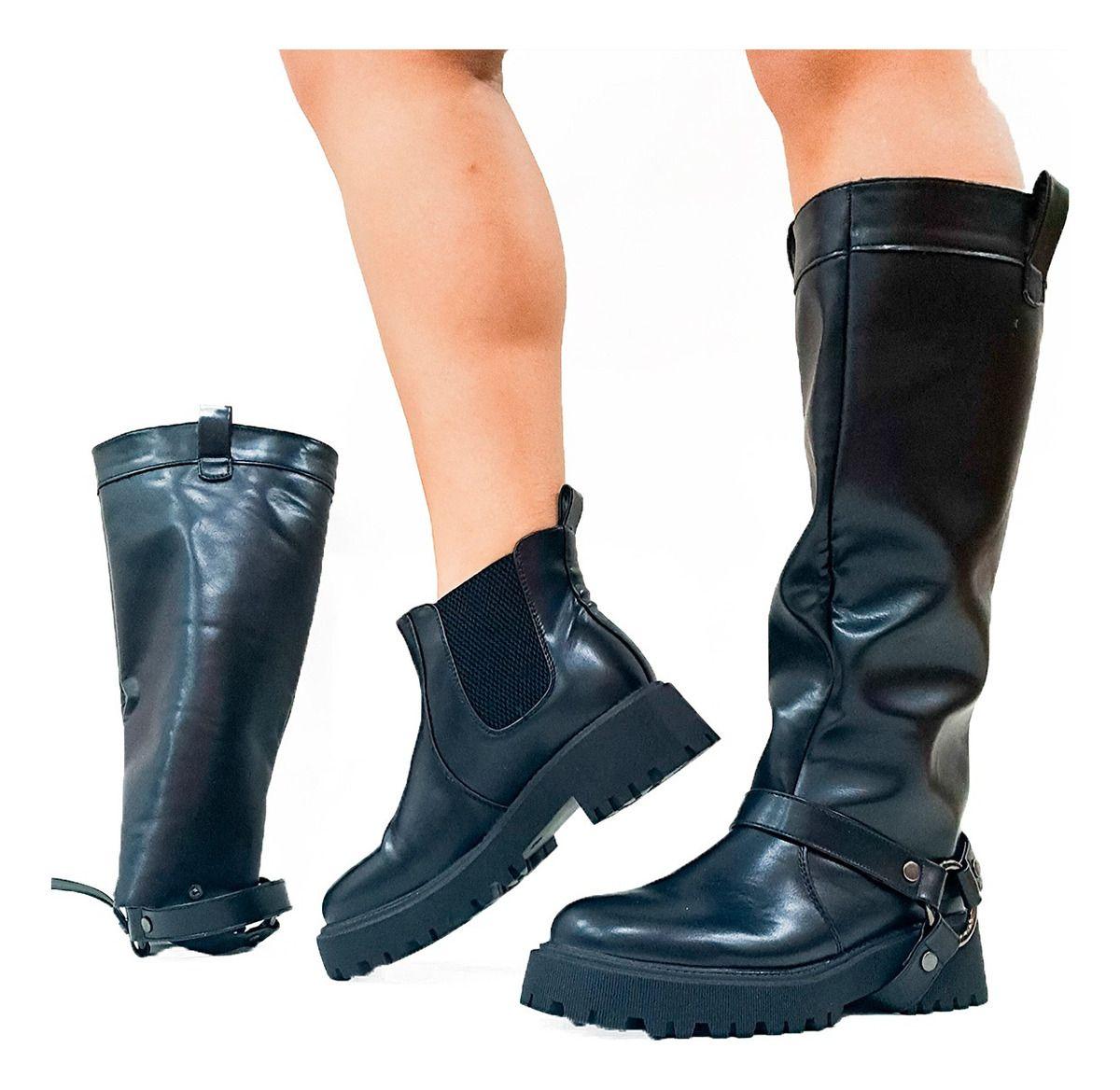 Bota modular desmontable 2 en 1 Bota + Botin De Mujer Plataforma En Eco Cuero Negra-3